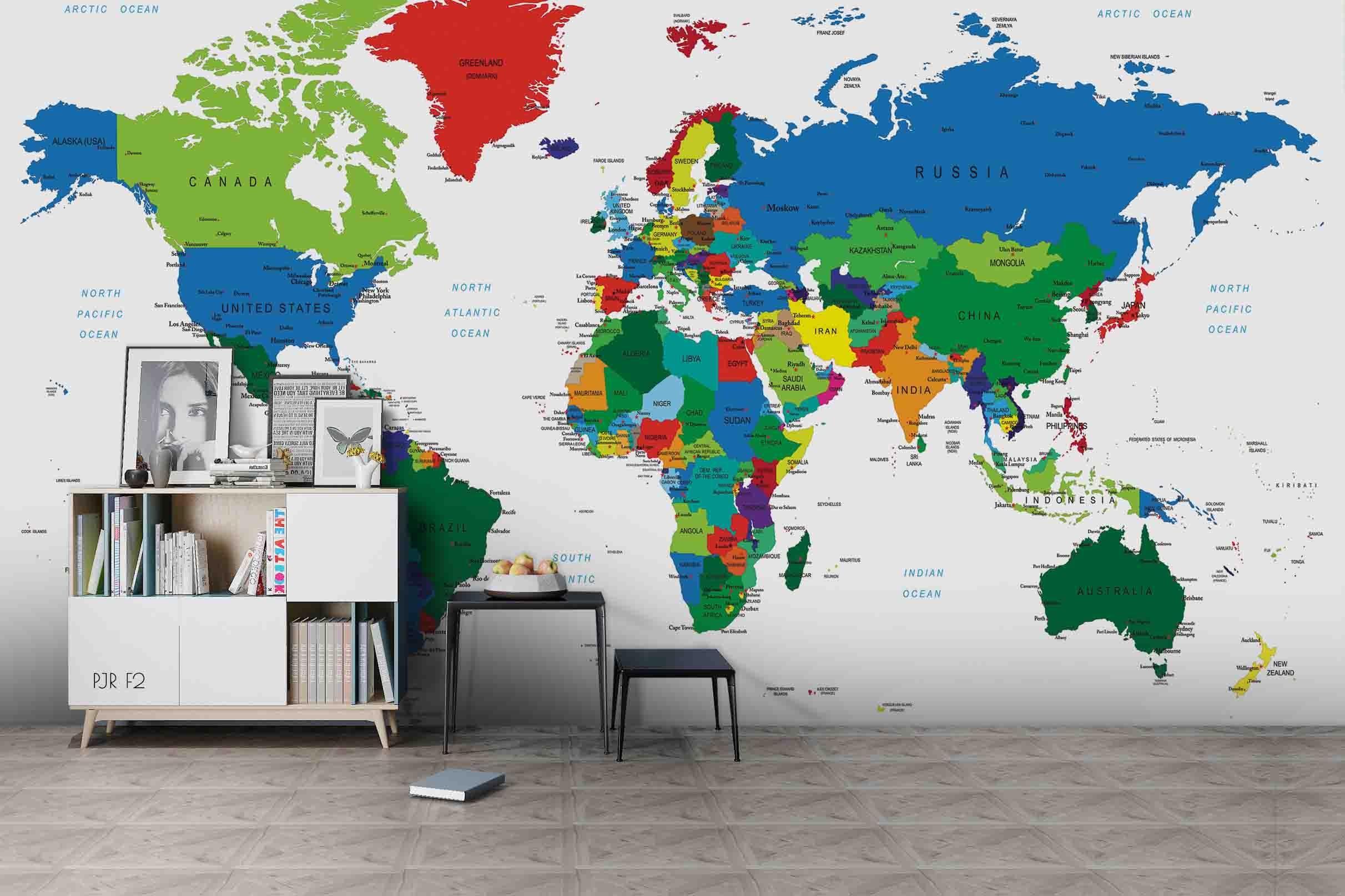 3D Colourful World Map Wall Mural Wallpaper WJ 2179- Jess Art Decoration