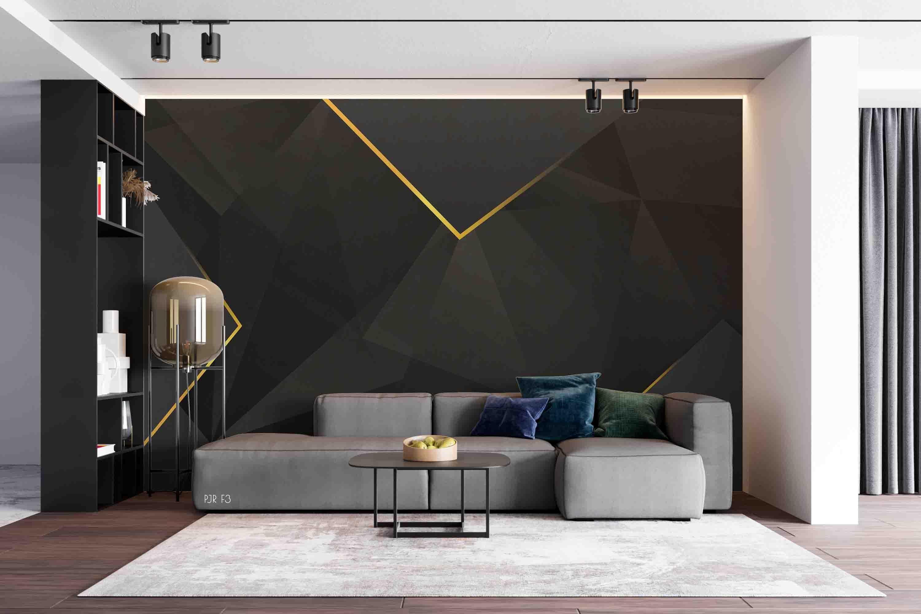 3D Golden Line Black Geometric Wall Mural Wallpaper LXL- Jess Art Decoration