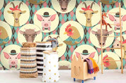 3D Circle Cattle Deer Pig Chicken Geometry Wall Mural Wallpaper SF1- Jess Art Decoration