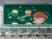 3D Cartoon Green Background Bubble Tea Pearl Tea Milk Tea Shop Wall Mural Wallpaper JN 08- Jess Art Decoration