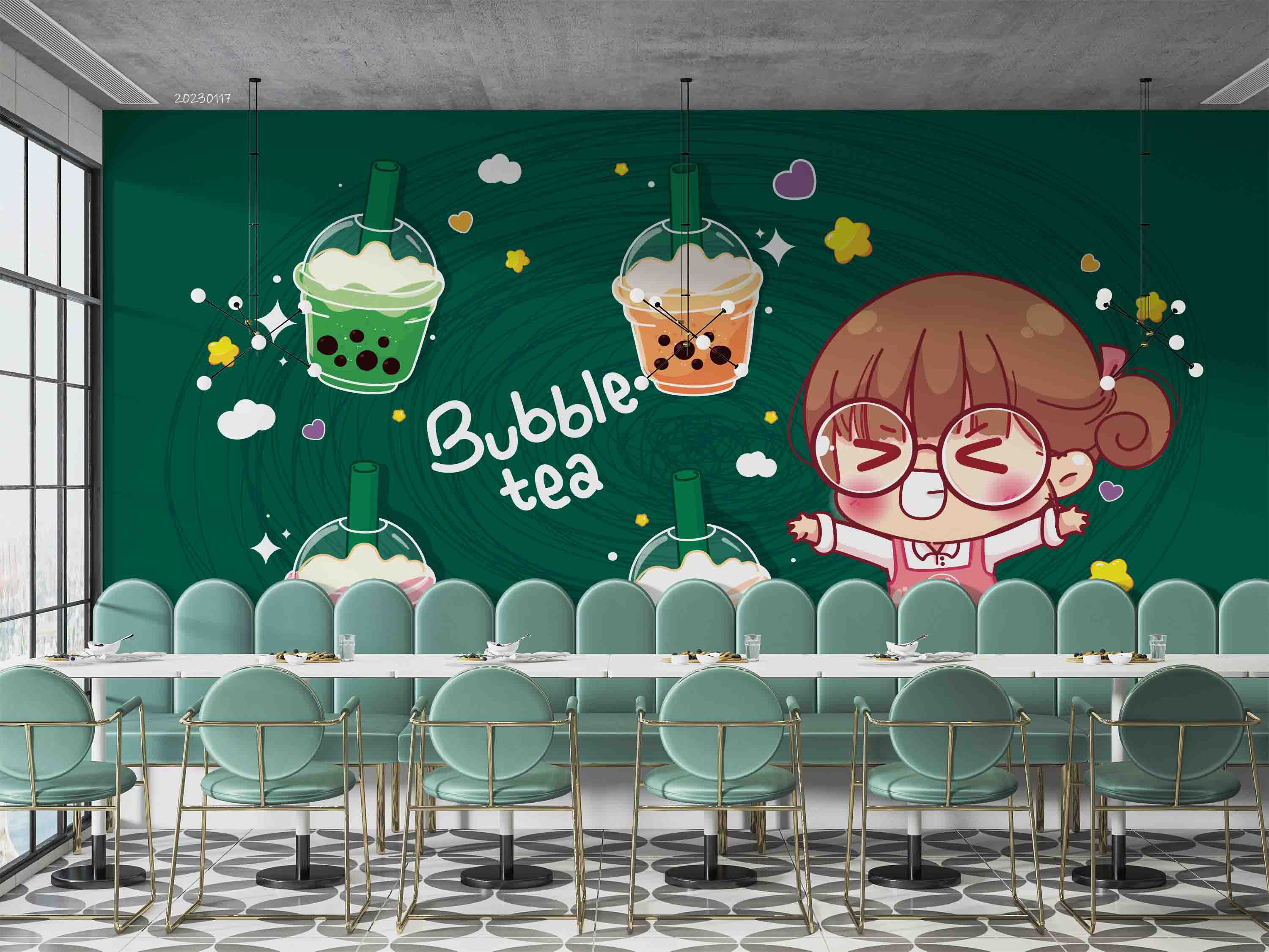 3D Cartoon Green Background Bubble Tea Pearl Tea Milk Tea Shop Wall Mural Wallpaper JN 08- Jess Art Decoration