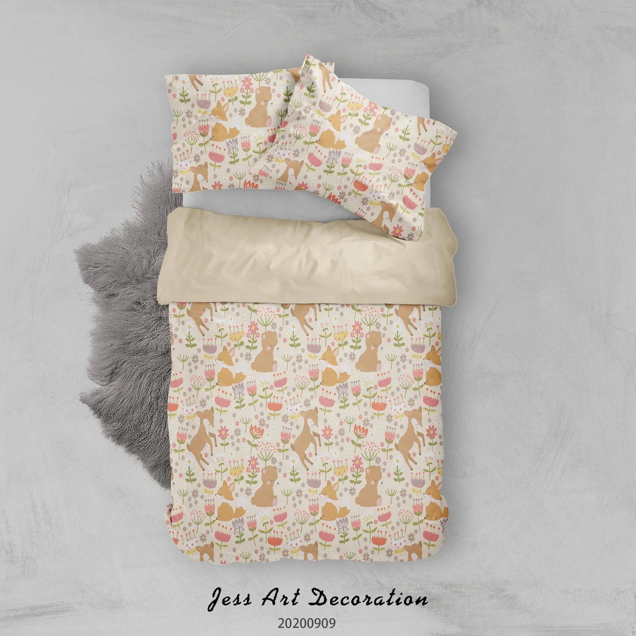 3D Cute Bear Fox Deer Flowers Hand Drawn Pattern Quilt Cover Set Bedding Set Duvet Cover Pillowcases WJ 1923- Jess Art Decoration