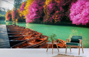 3D Pink Floral Tree Lake Boat Landscape Wall Mural Wallpaper LQH 180- Jess Art Decoration