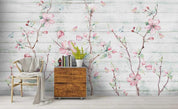 3D Wood Board Pink Floral Branch Wall Mural Wallpaper LQH 106- Jess Art Decoration