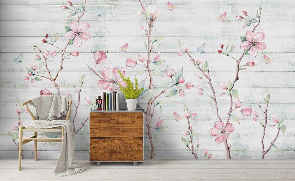 3D Wood Board Pink Floral Branch Wall Mural Wallpaper LQH 106- Jess Art Decoration