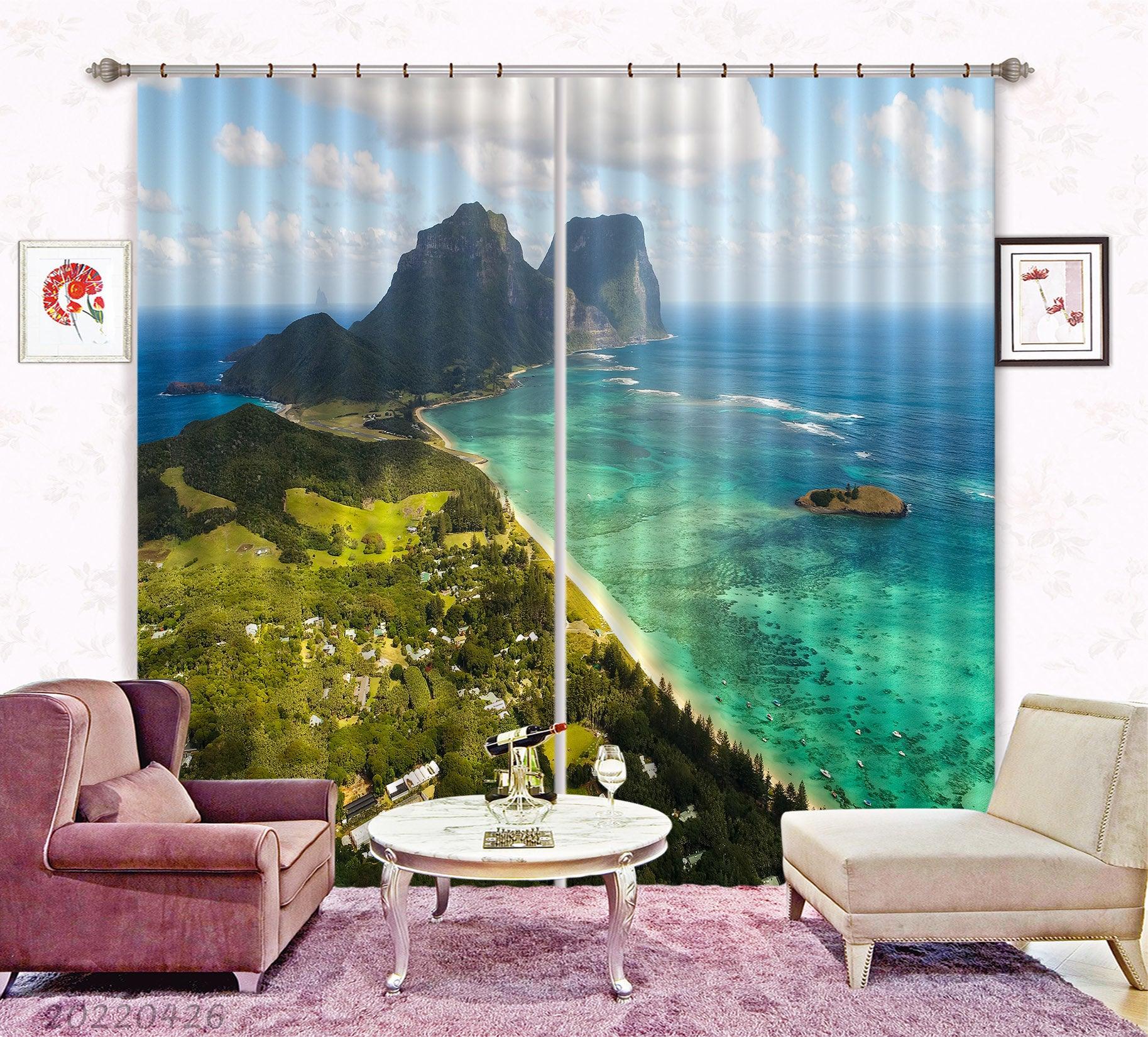 3D Ocean Mountain Coast Forest Scenery Curtains and Drapes GD 4891- Jess Art Decoration
