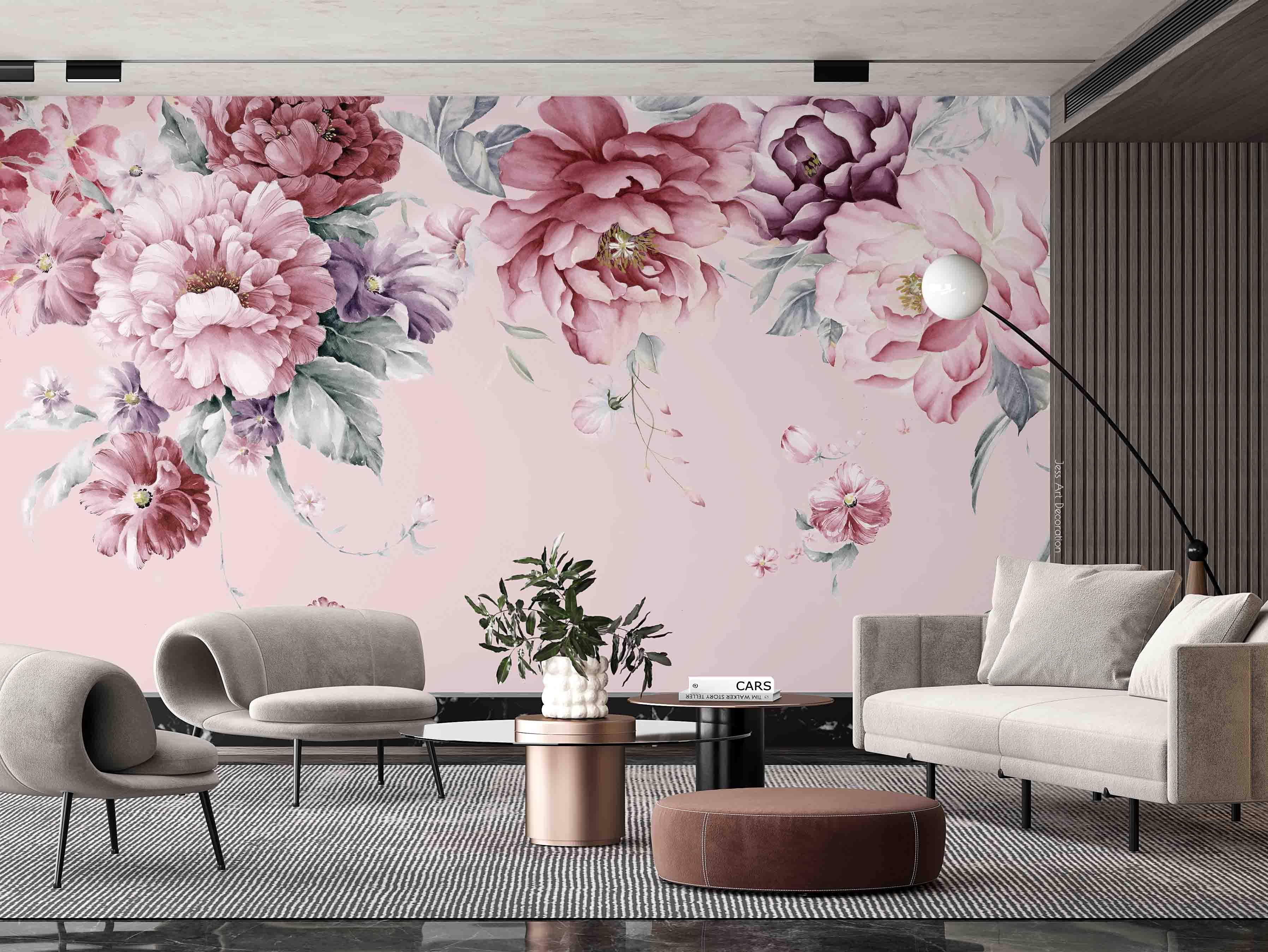 3D Vintage Pink Peony Watercolor Pattern Wall Mural Wallpaper GD 3288- Jess Art Decoration