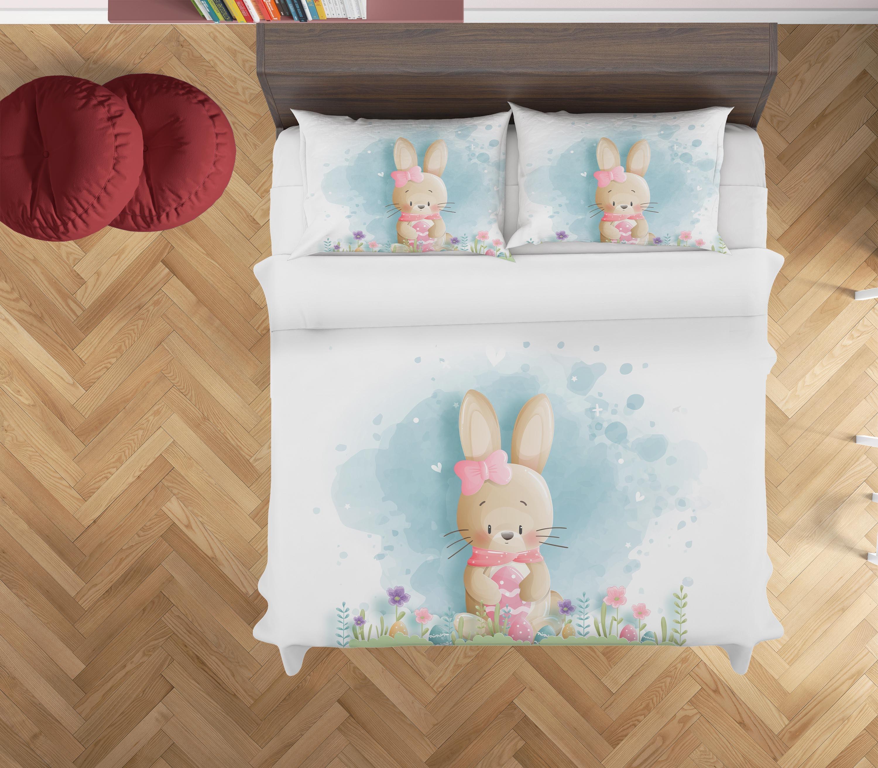 3D White Blue Rabbit Floral Egg Quilt Cover Set Bedding Set Duvet Cover Pillowcases SF55- Jess Art Decoration