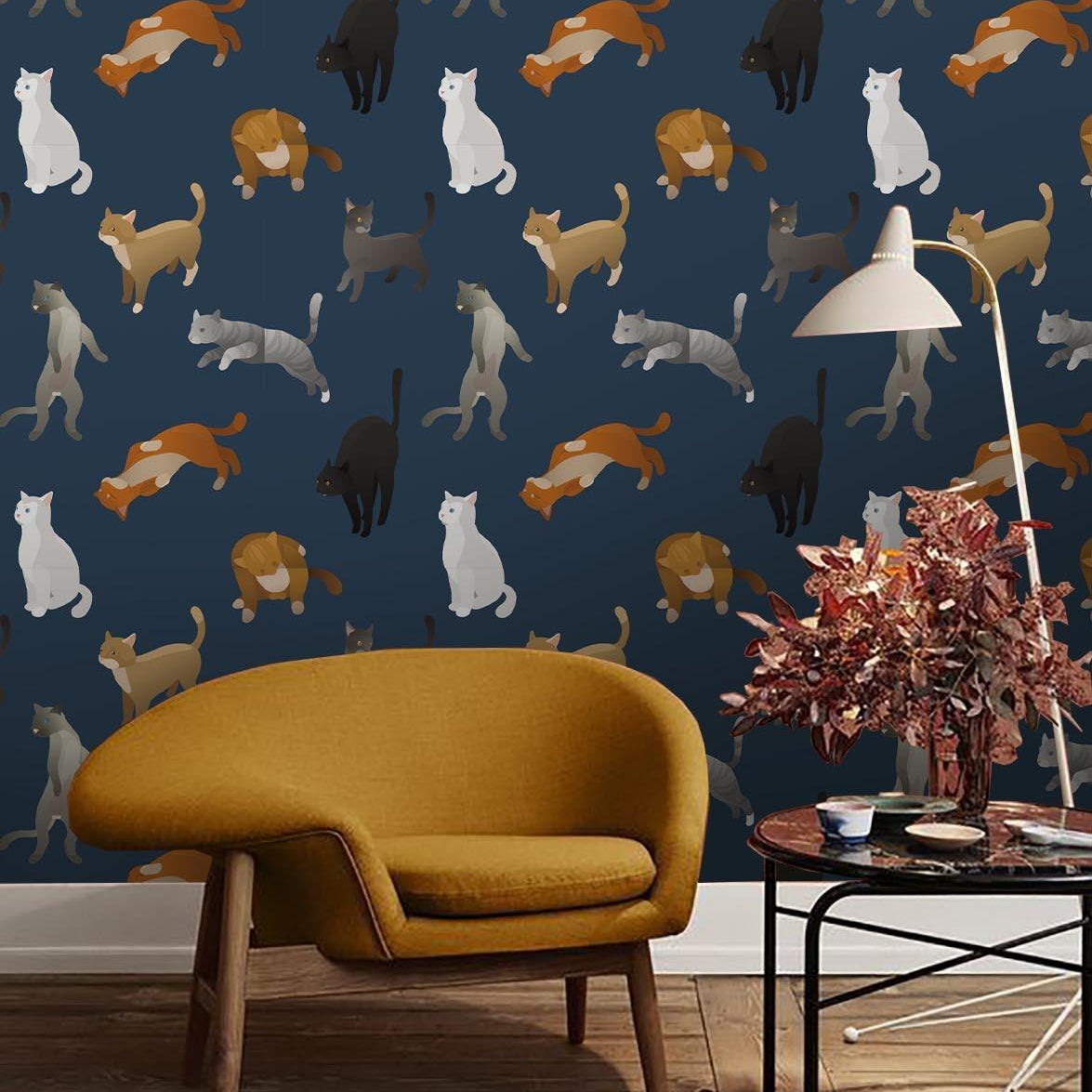 3D Cat Dark Blue Wall Mural Wallpaper 152- Jess Art Decoration
