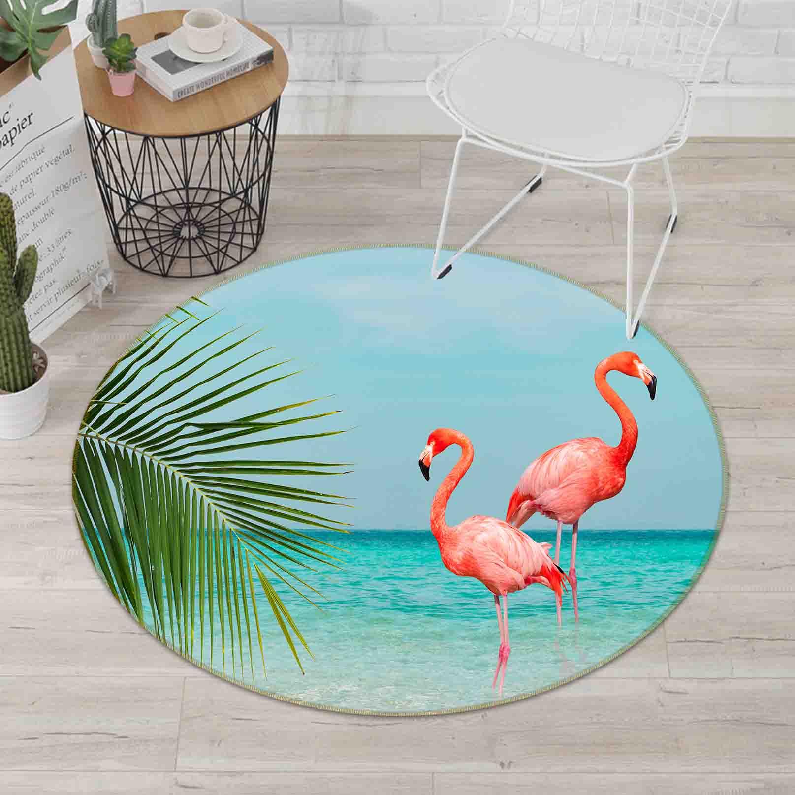 3D Tropical Sea Beach Palm Flamingo Non-Slip Round Rug Mat 127- Jess Art Decoration