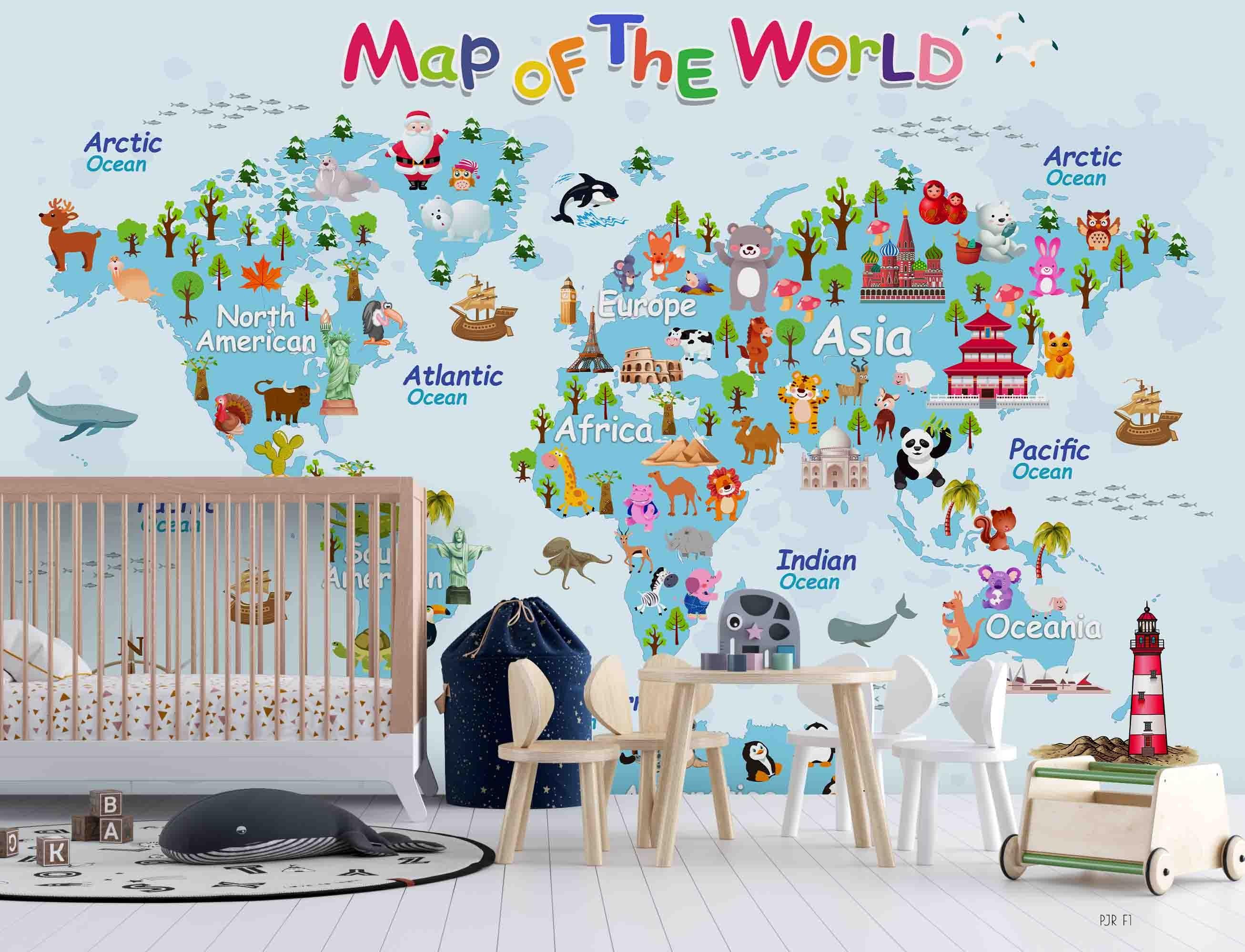 3D Cartoon World Map Wall Mural Wallpaper WJ 2083- Jess Art Decoration