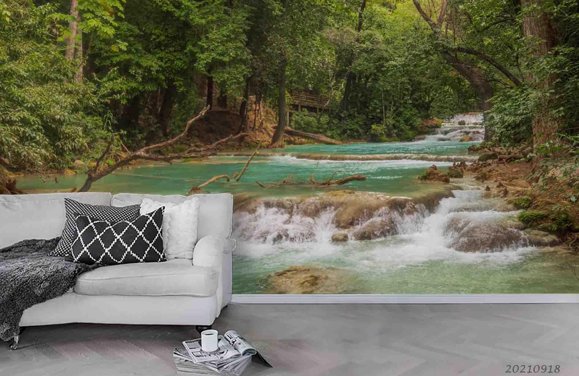 3D Landscape Green Forest River Wall Mural Wallpaper LQH 462- Jess Art Decoration