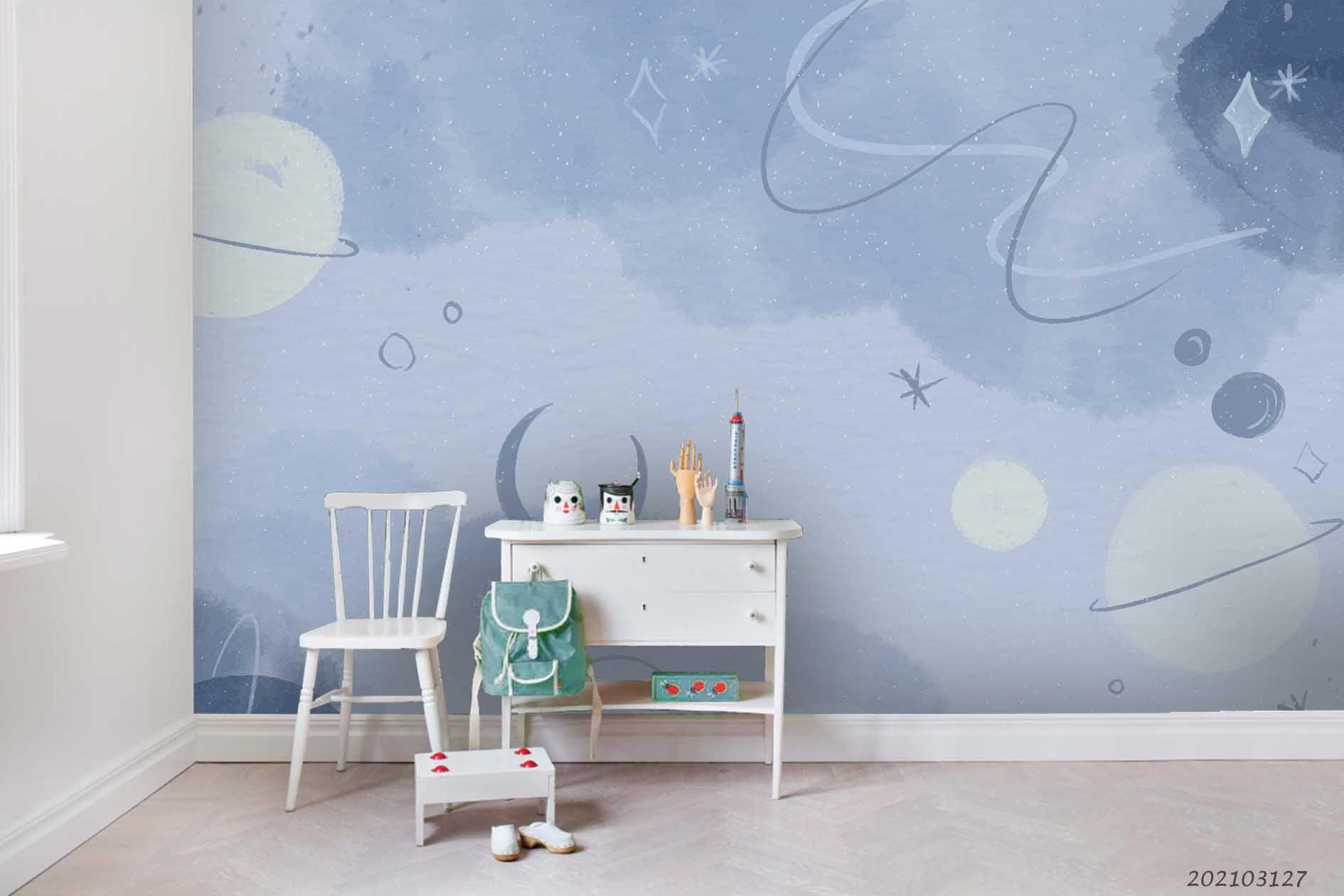 3D Watercolor Blue Space Planet Wall Mural Wallpaper LQH 42- Jess Art Decoration