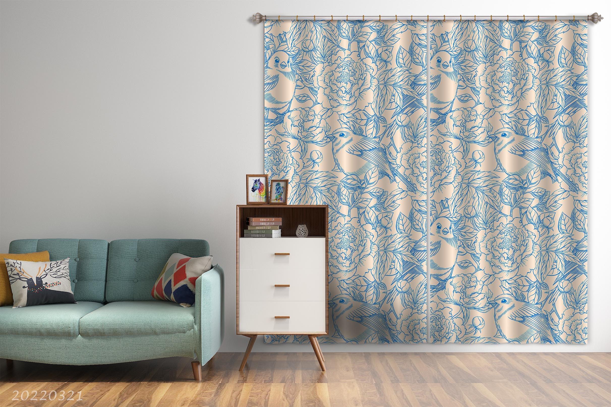 3D Abstract Blue Bird Plant Floral Pattern Curtains and Drapes GD 3148- Jess Art Decoration