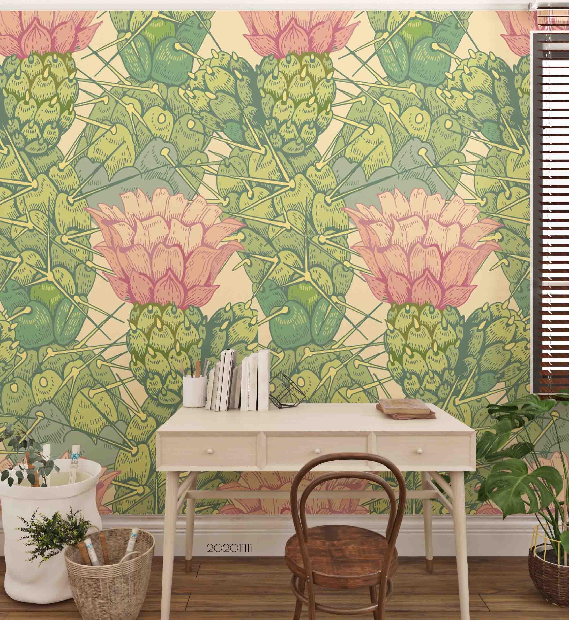 3D Hand Drawn Cactus Plant Pattern Wall Mural Wallpaper LXL- Jess Art Decoration