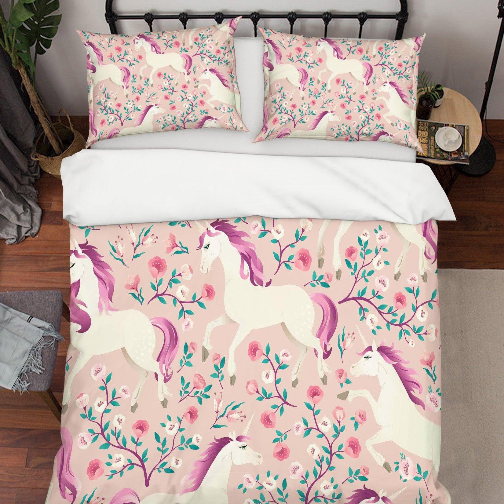 3D Cartoon Unicorn Floral Quilt Cover Set Bedding Set Pillowcases 62- Jess Art Decoration