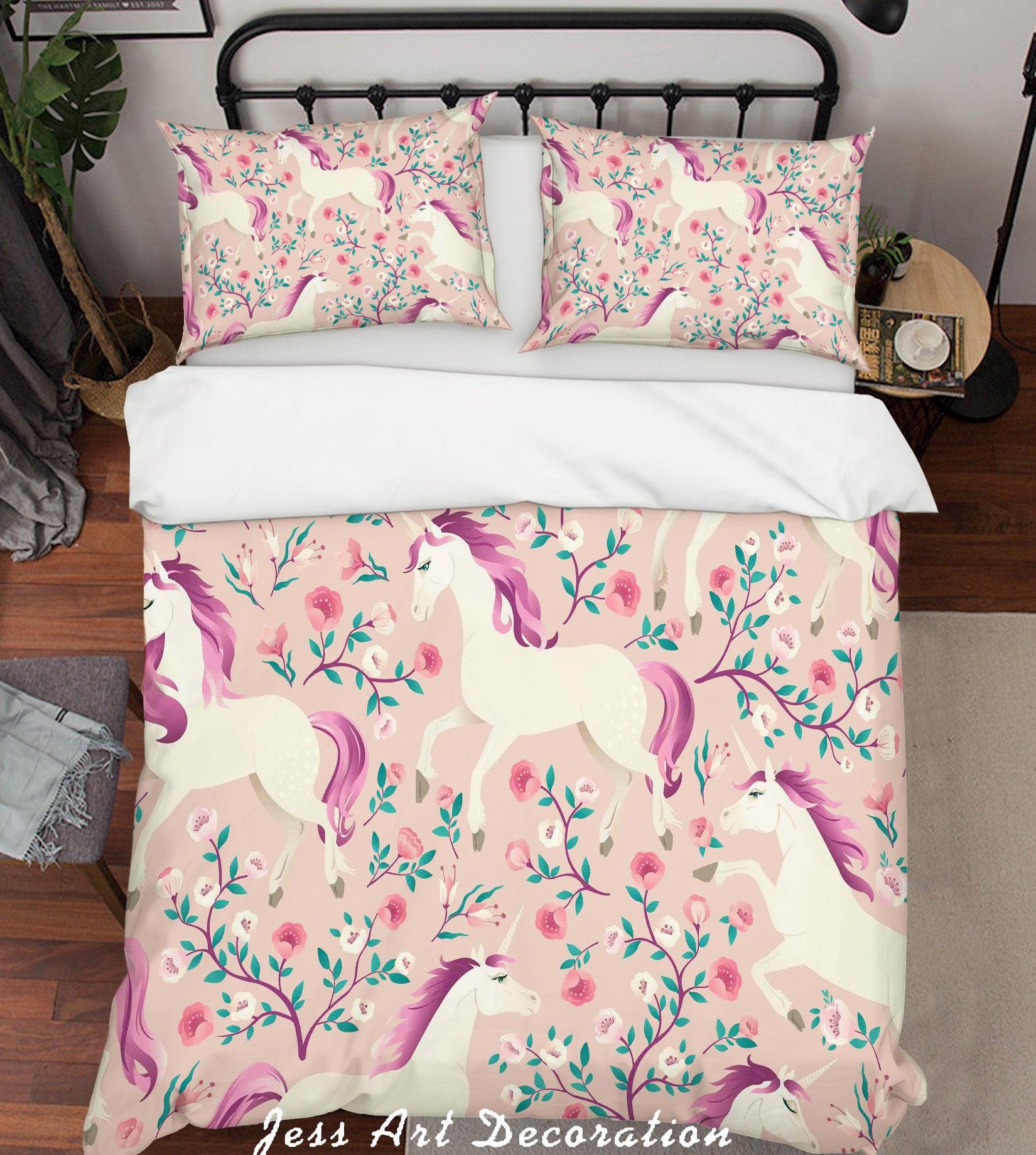 3D Cartoon Unicorn Floral Quilt Cover Set Bedding Set Pillowcases 62- Jess Art Decoration