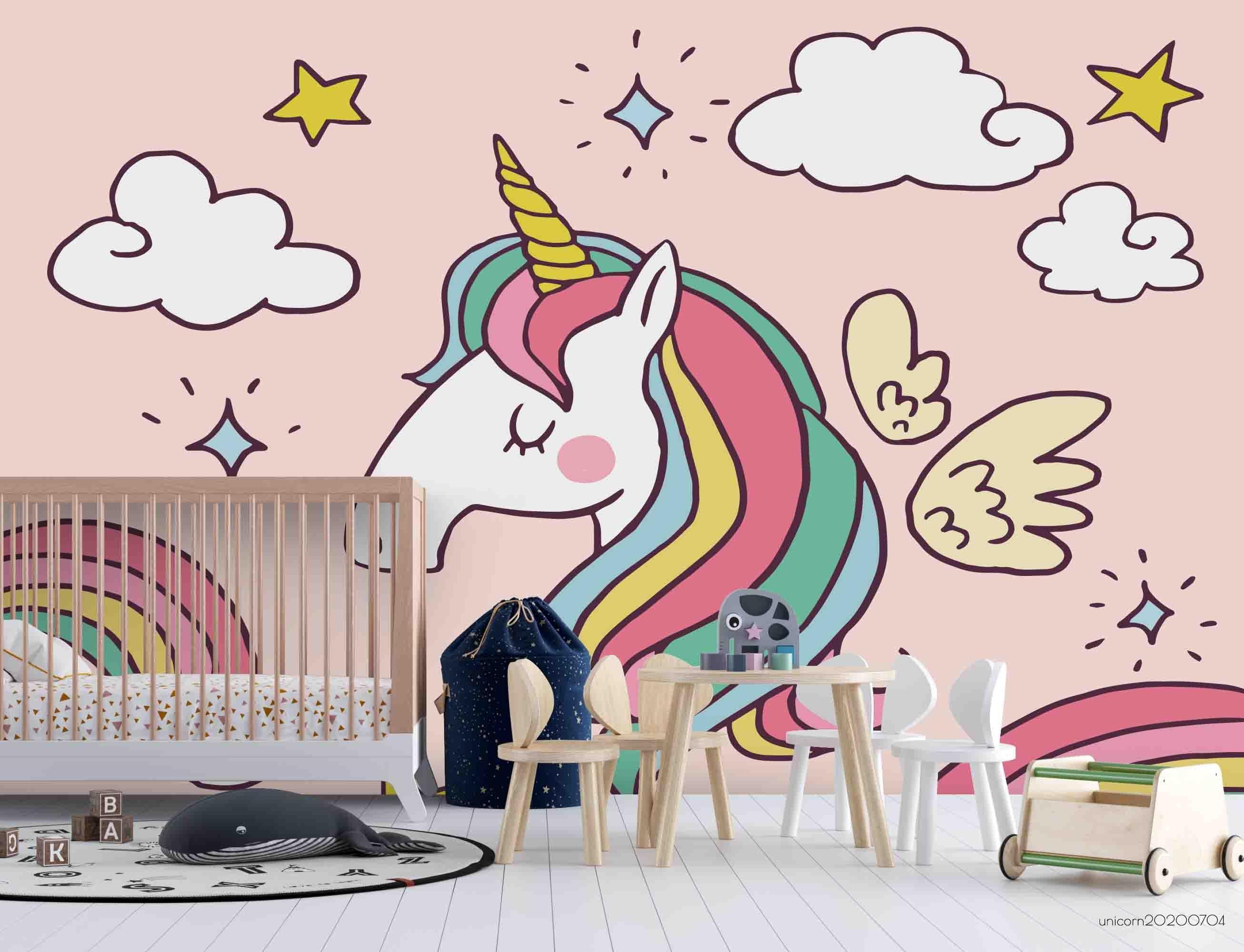 3D Cartoon Rainbow Unicorn Star Pink Wall Mural Wallpaper A219 LQH- Jess Art Decoration