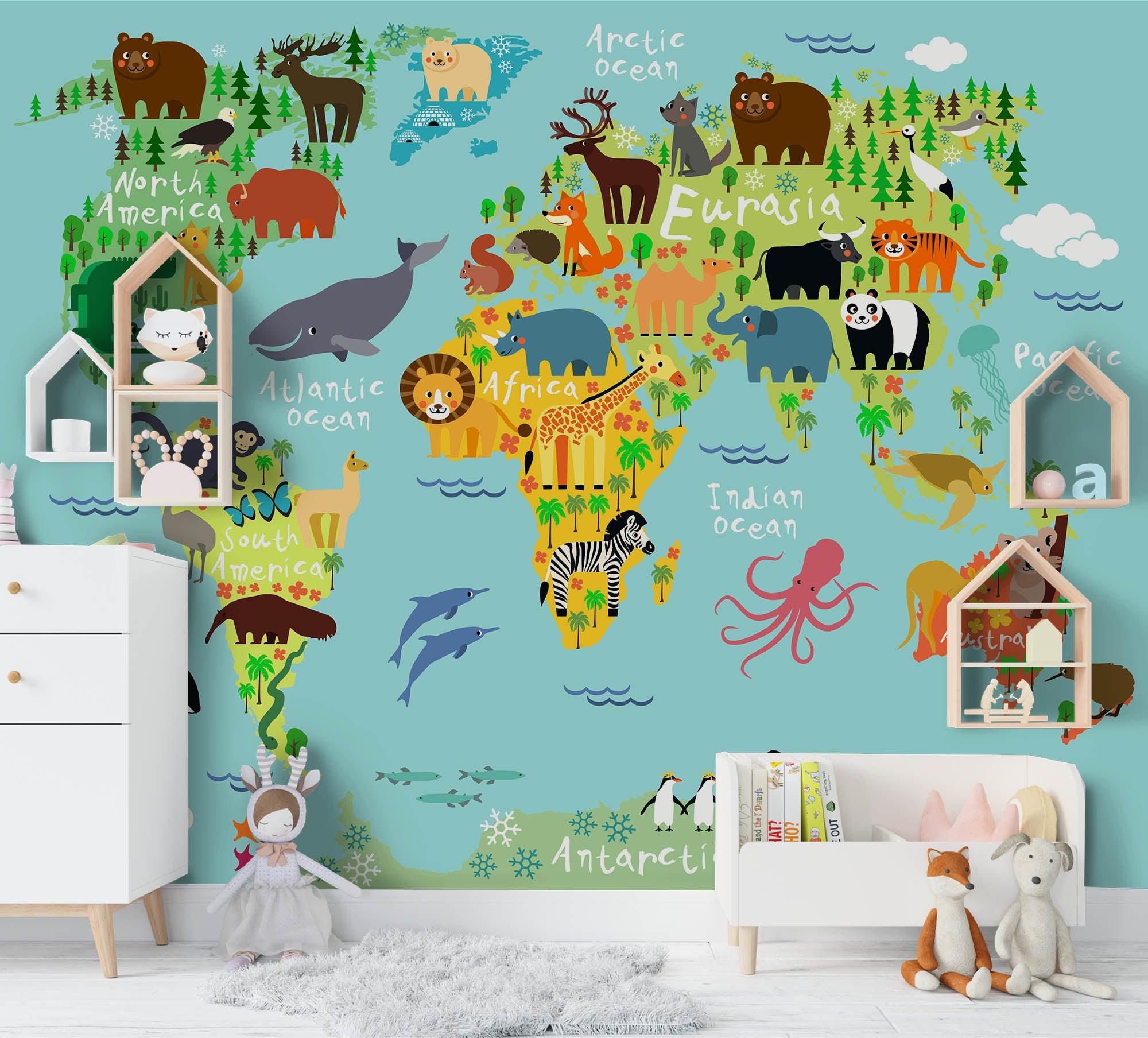 3D Cartoon Green Animal World Map Wall Mural Wallpaper LQH 93- Jess Art Decoration