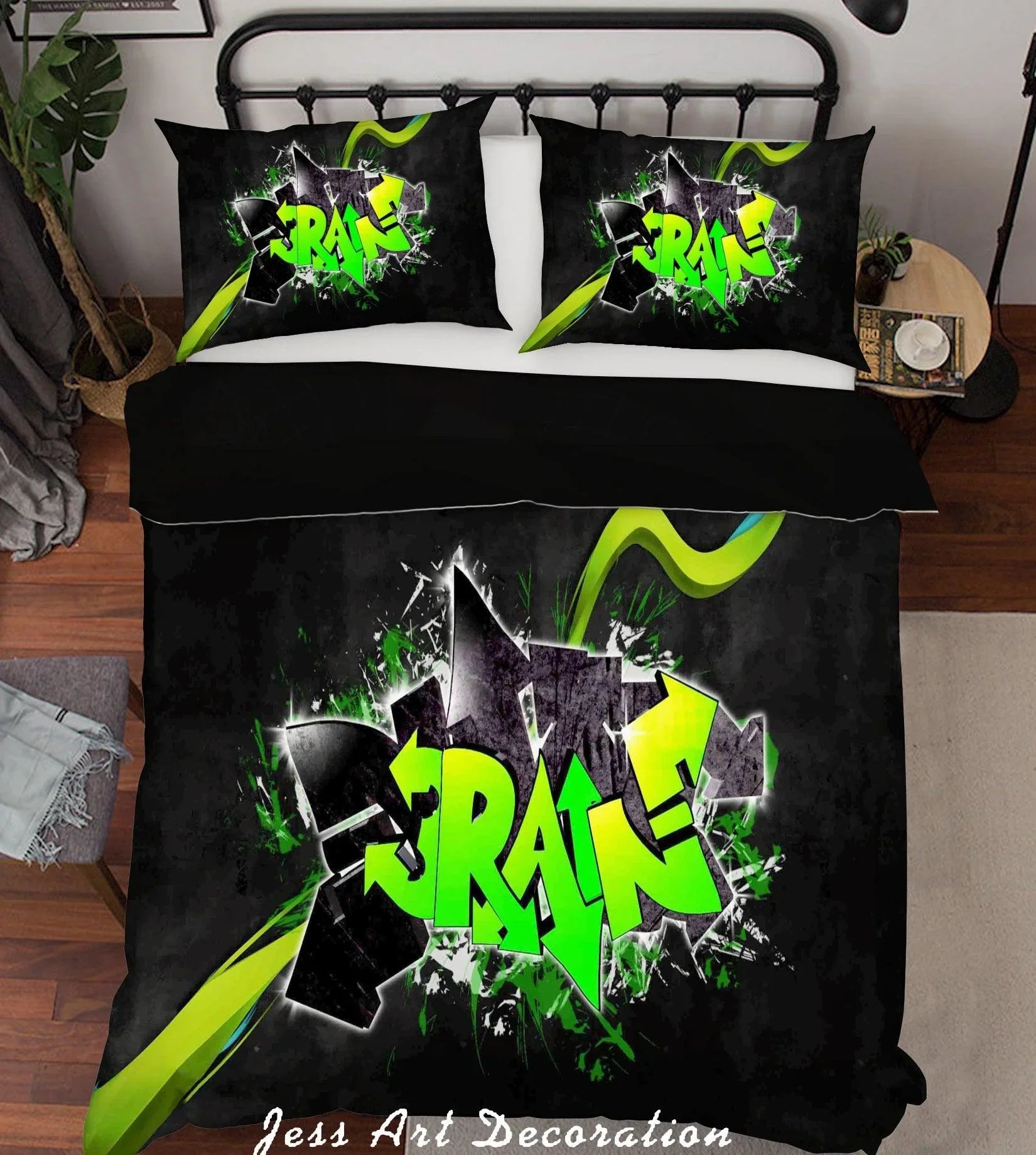 3D Black Green Graffiti Quilt Cover Set Bedding Set Pillowcases 18- Jess Art Decoration