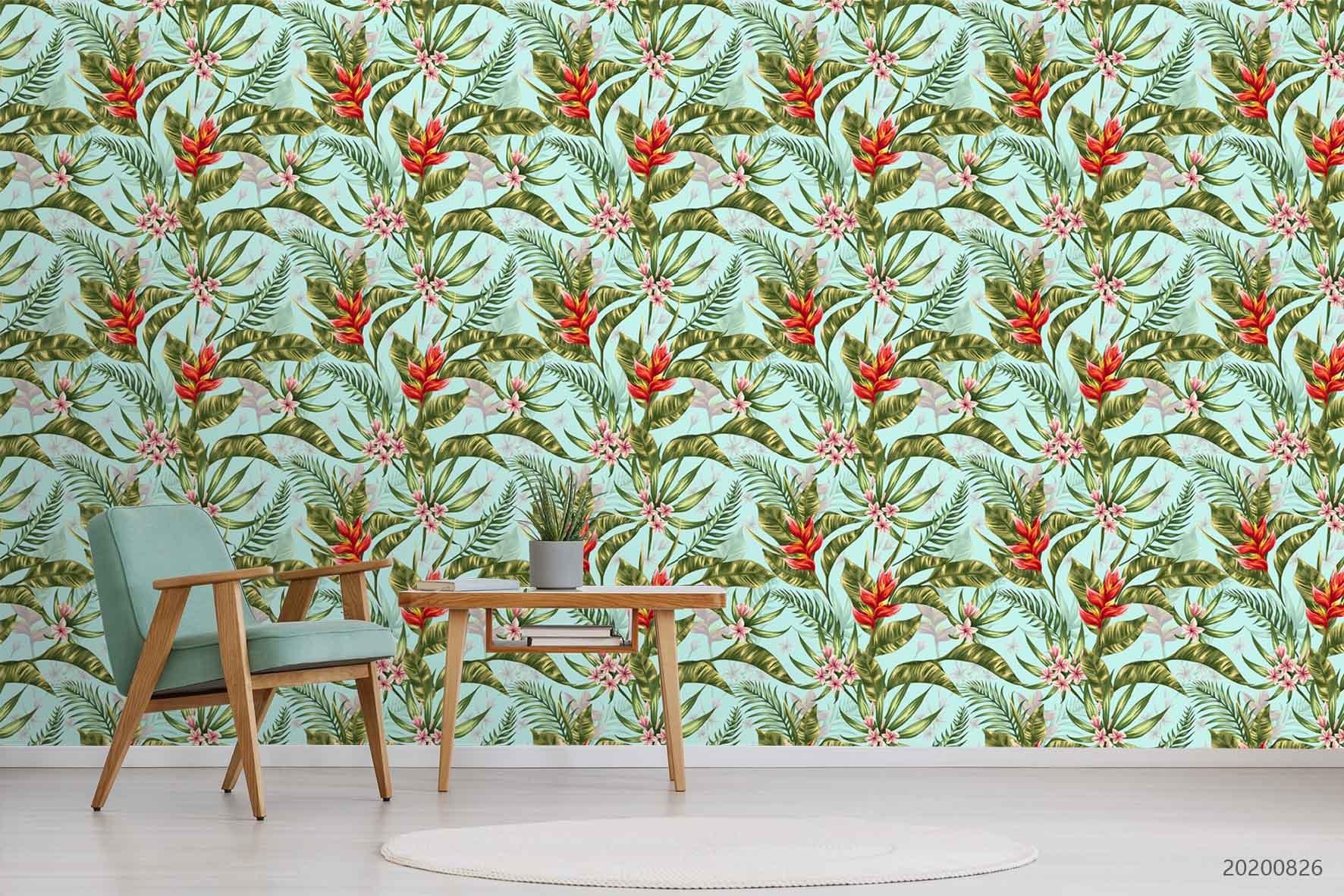 3D Hand Sketching Red Floral Green Leaves Plant Wall Mural Wallpaper LXL 1340- Jess Art Decoration