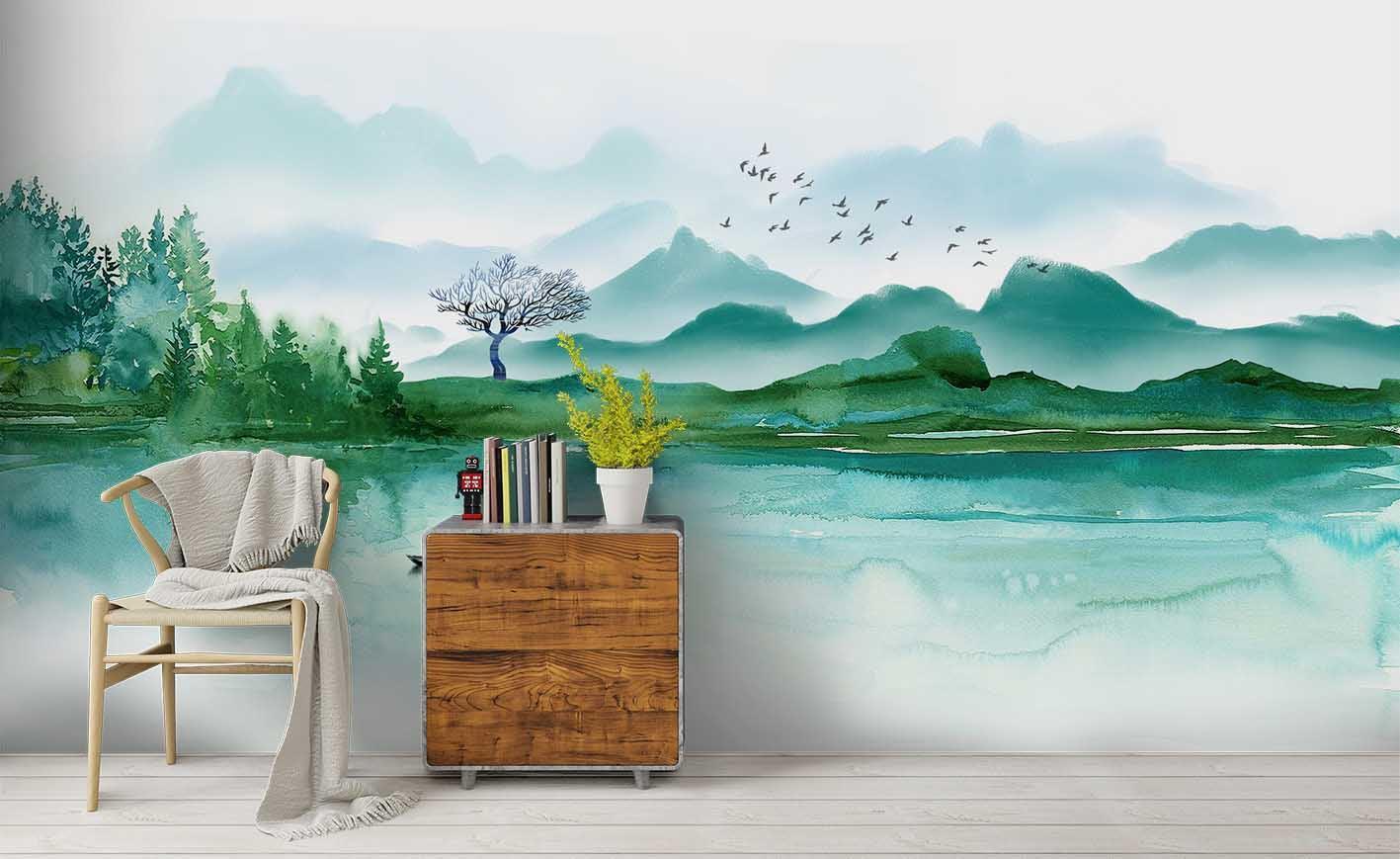 3D Mountain Trees Birds Wall Mural Wallpaper SF76- Jess Art Decoration