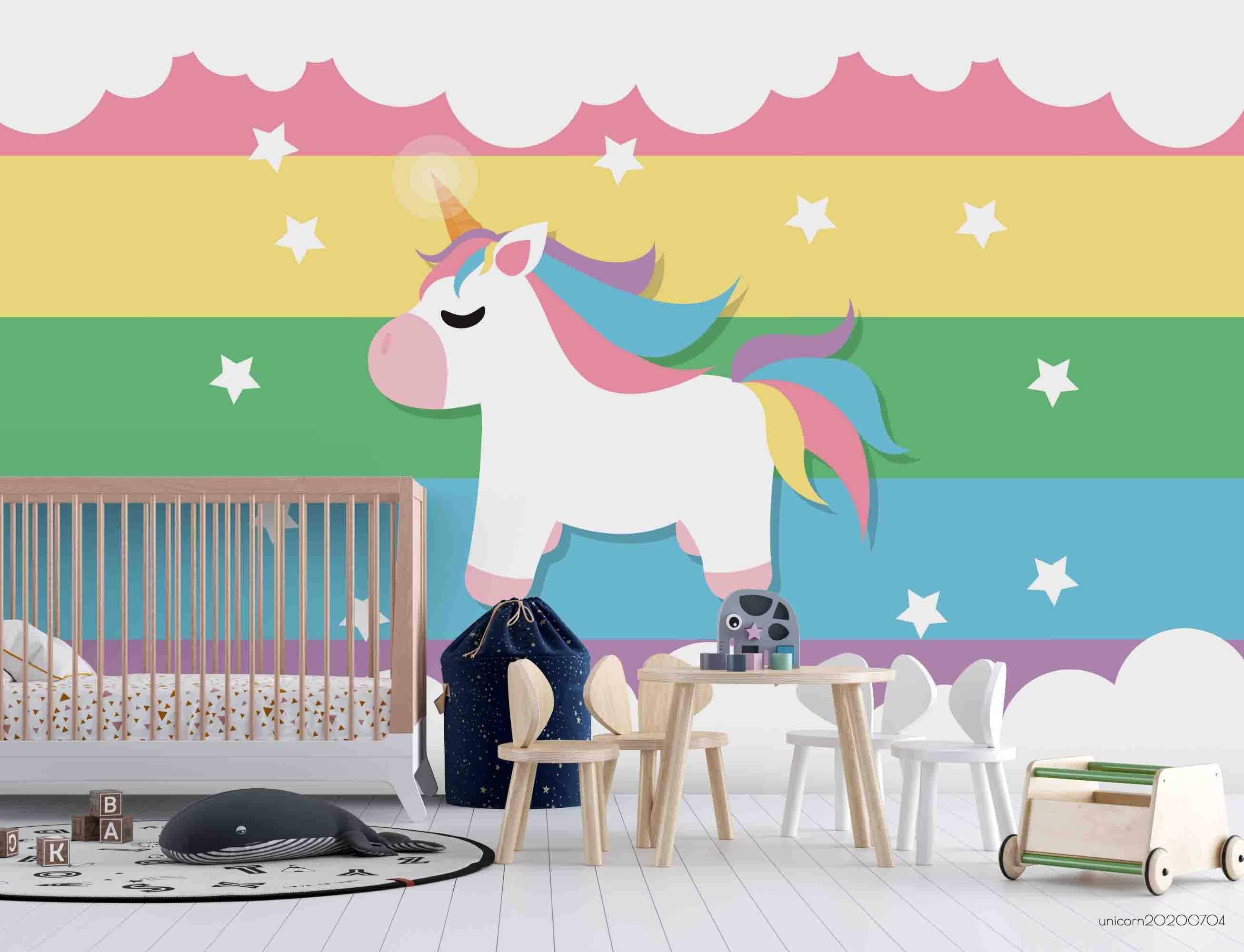 3D Cartoon Unicorn Color Stripe Star Wall Mural Wallpaper A010 LQH- Jess Art Decoration