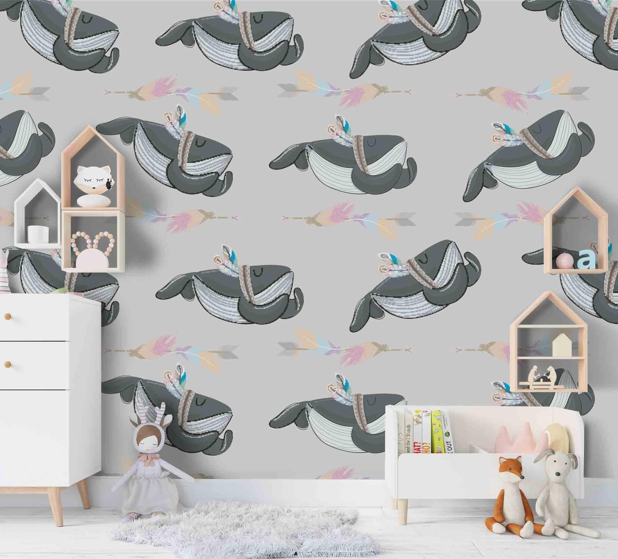 3D Cartoon Dolphin Feather Wall Mural Wallpaper A174 LQH- Jess Art Decoration