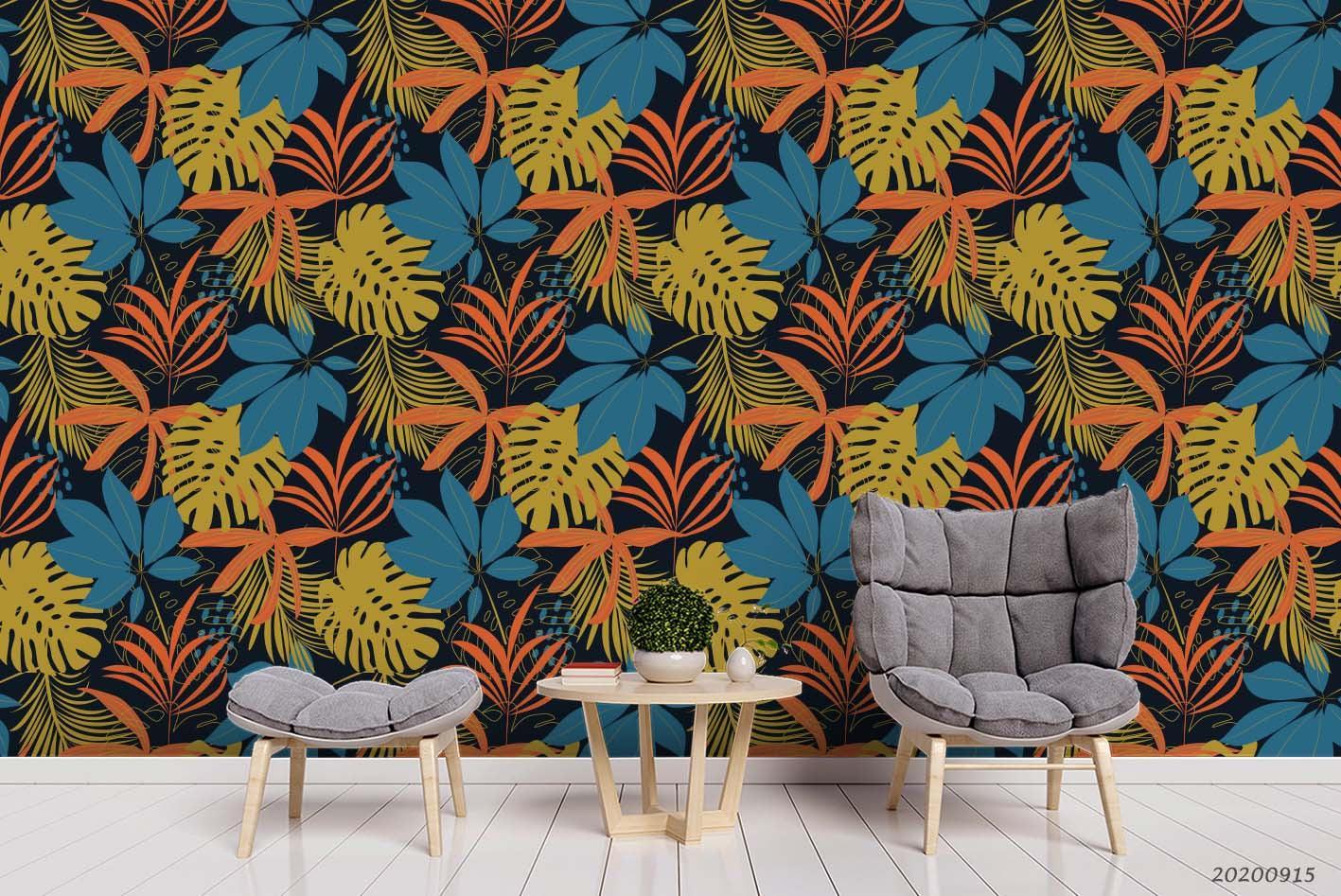 3D Hand Drawn Blue Leaves Plant Pattern Wall Mural Wallpaper LXL 243- Jess Art Decoration