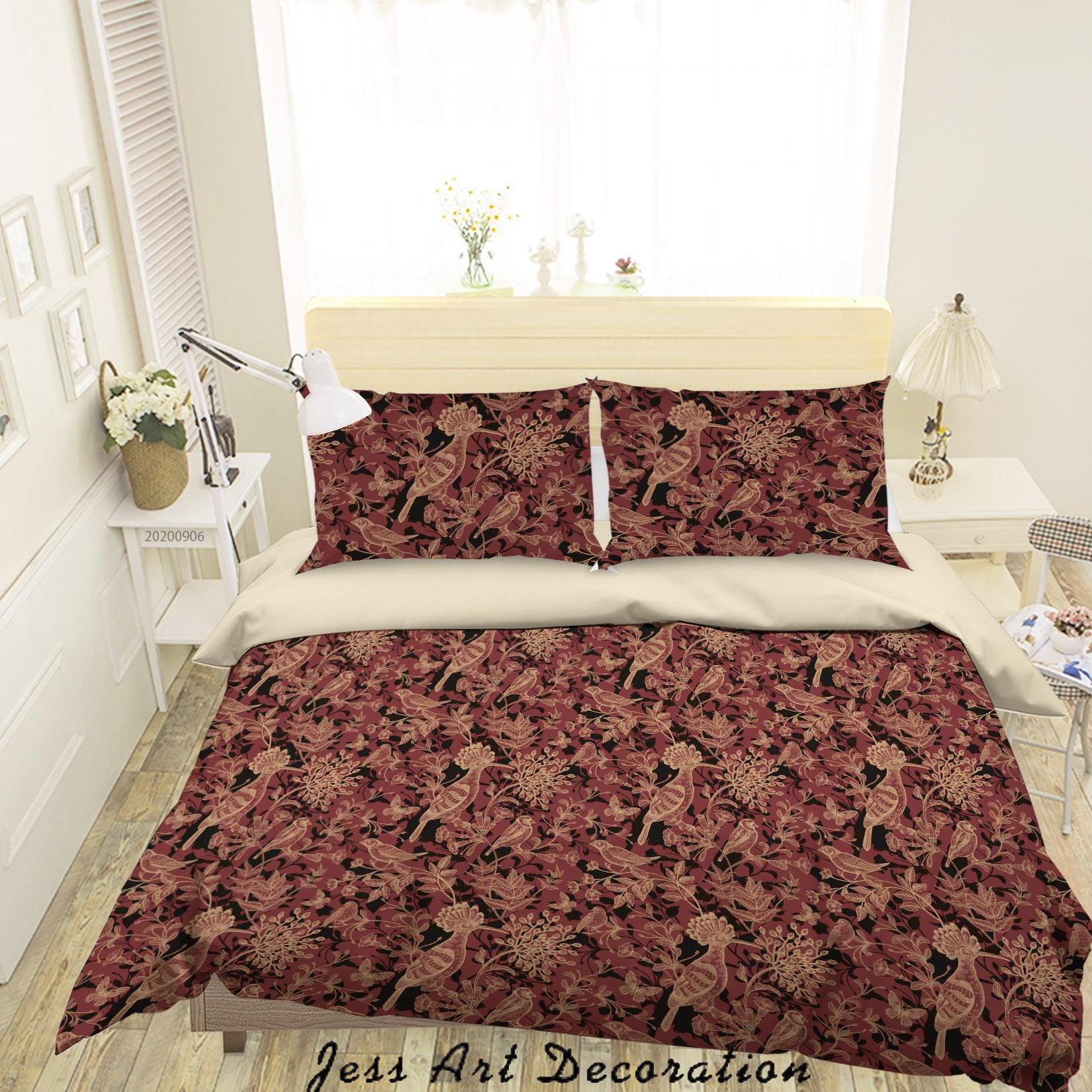 3D Vintage Leaves Bird Red Floral Pattern Quilt Cover Set Bedding Set Duvet Cover Pillowcases WJ 3648- Jess Art Decoration