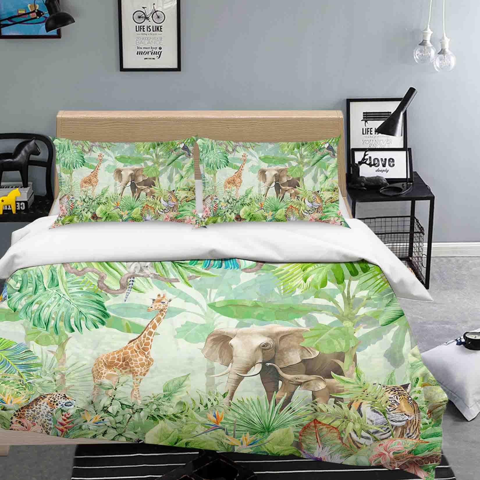 3D Green Jungle Giraffe Elephant Tiger Quilt Cover Set Bedding Set Pillowcases 86- Jess Art Decoration