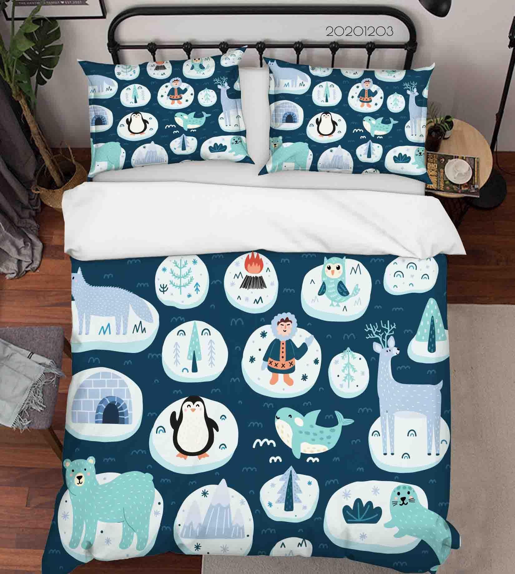 3D Cartoon Blue Iceburg Peaguin Bear Whale Animal Ocean Quilt Cover Set Bedding Set Duvet Cover Pillowcases LXL- Jess Art Decoration