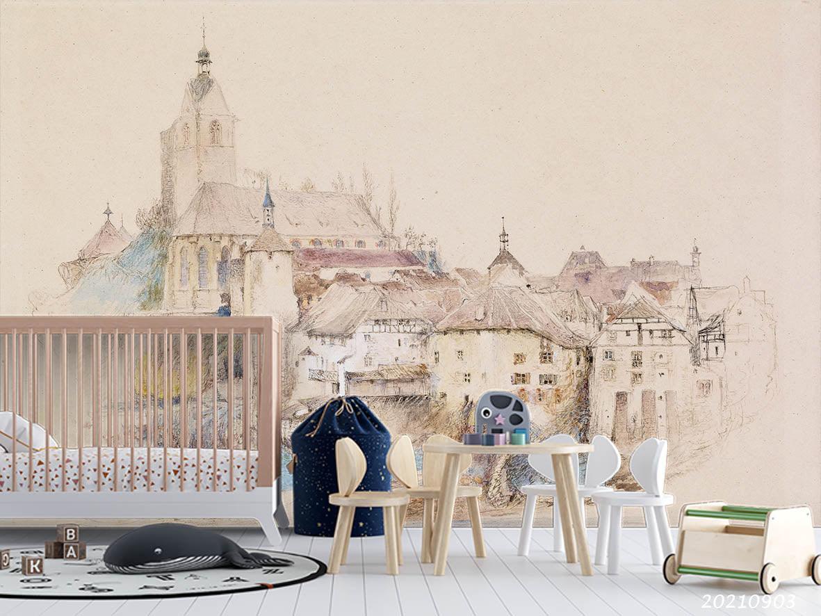 3D Hand Drawn Castle Building Wall Mural Wallpaper LQH 117- Jess Art Decoration