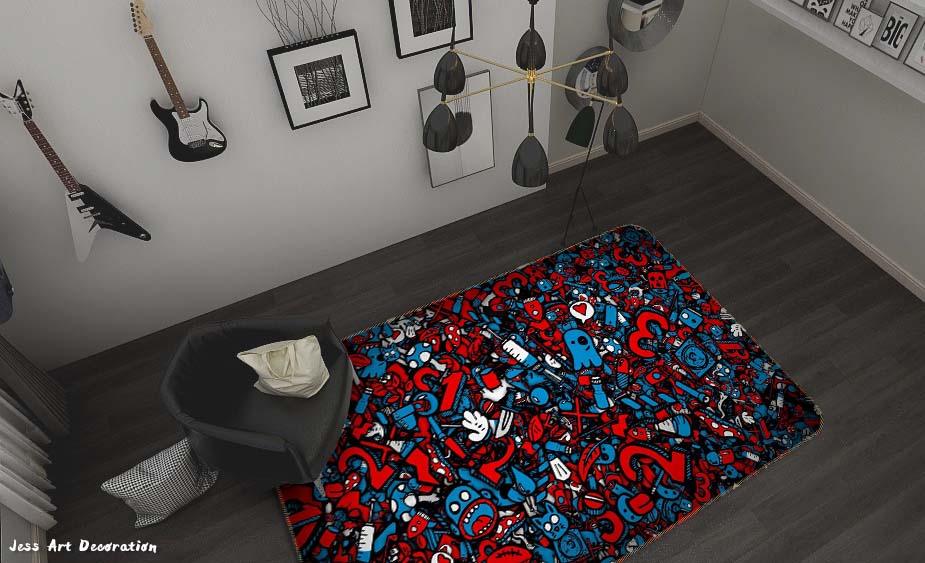 3D Abstract Blue Red Graffiti Non-Slip Rug Mat A014 LQH- Jess Art Decoration