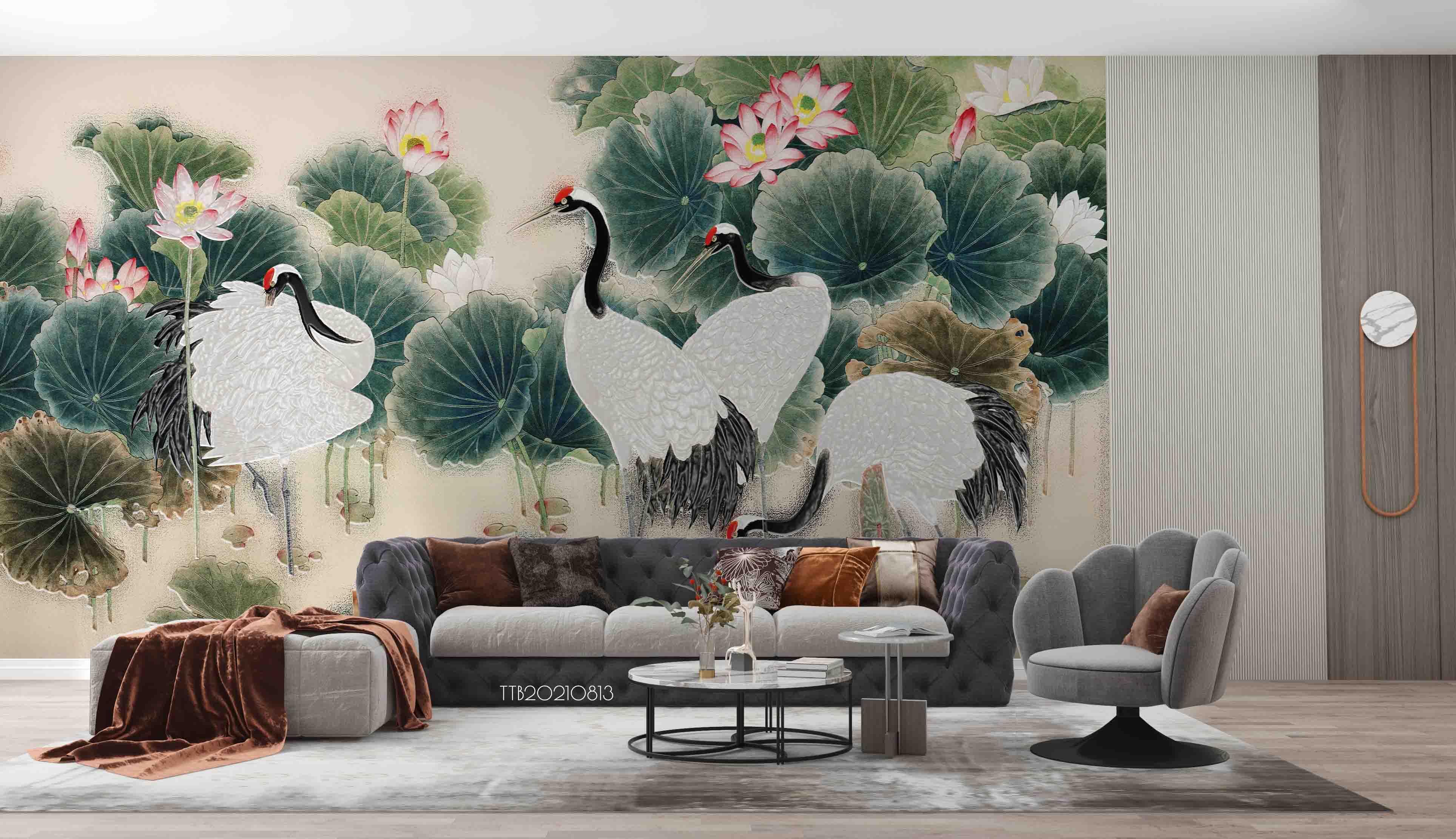 3D Chinese Style Lotus Crane Wall Mural WallpaperSWW5115- Jess Art Decoration