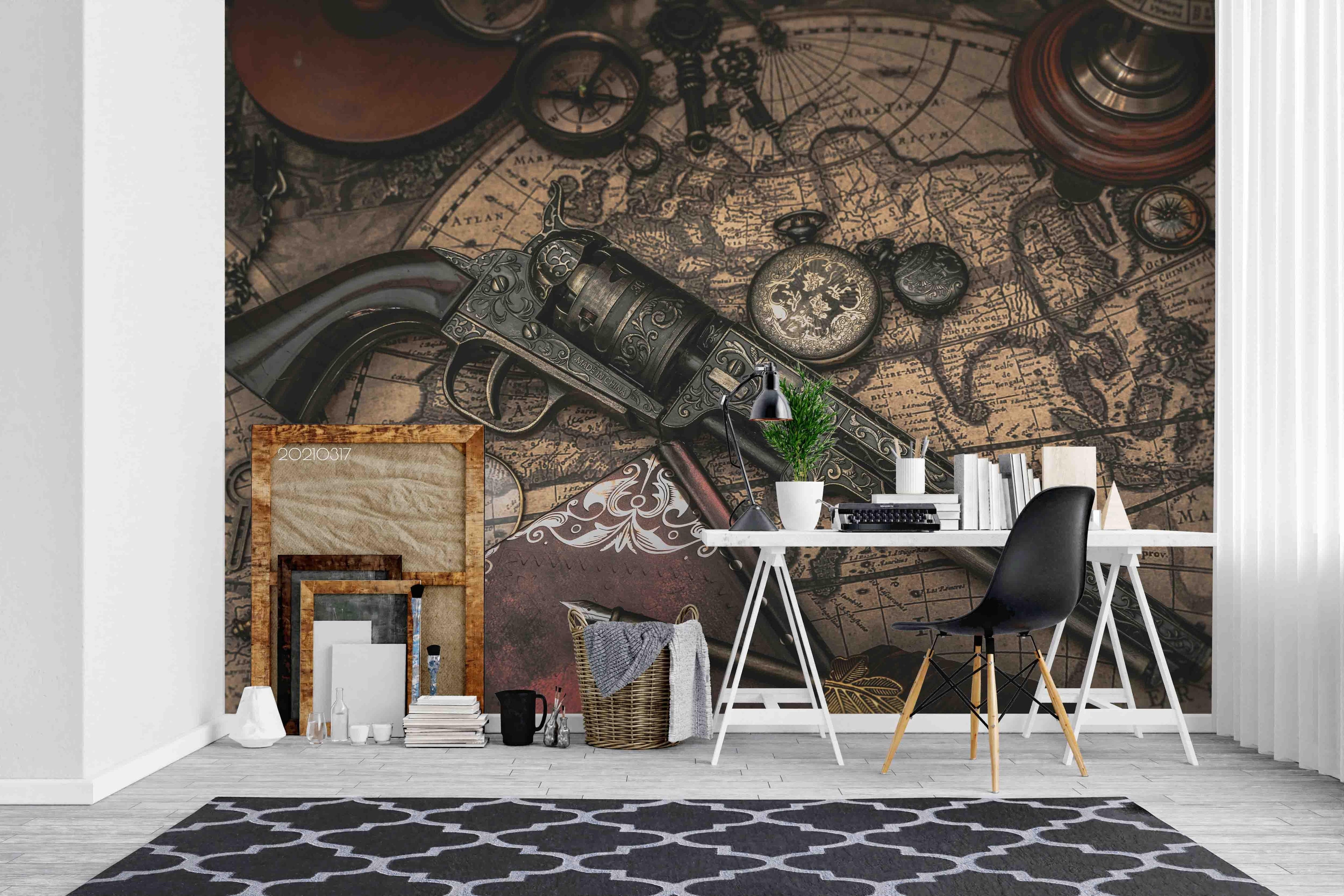 3D Map Pistol Pocket Watch Wall Mural Wallpaper LQH 429- Jess Art Decoration