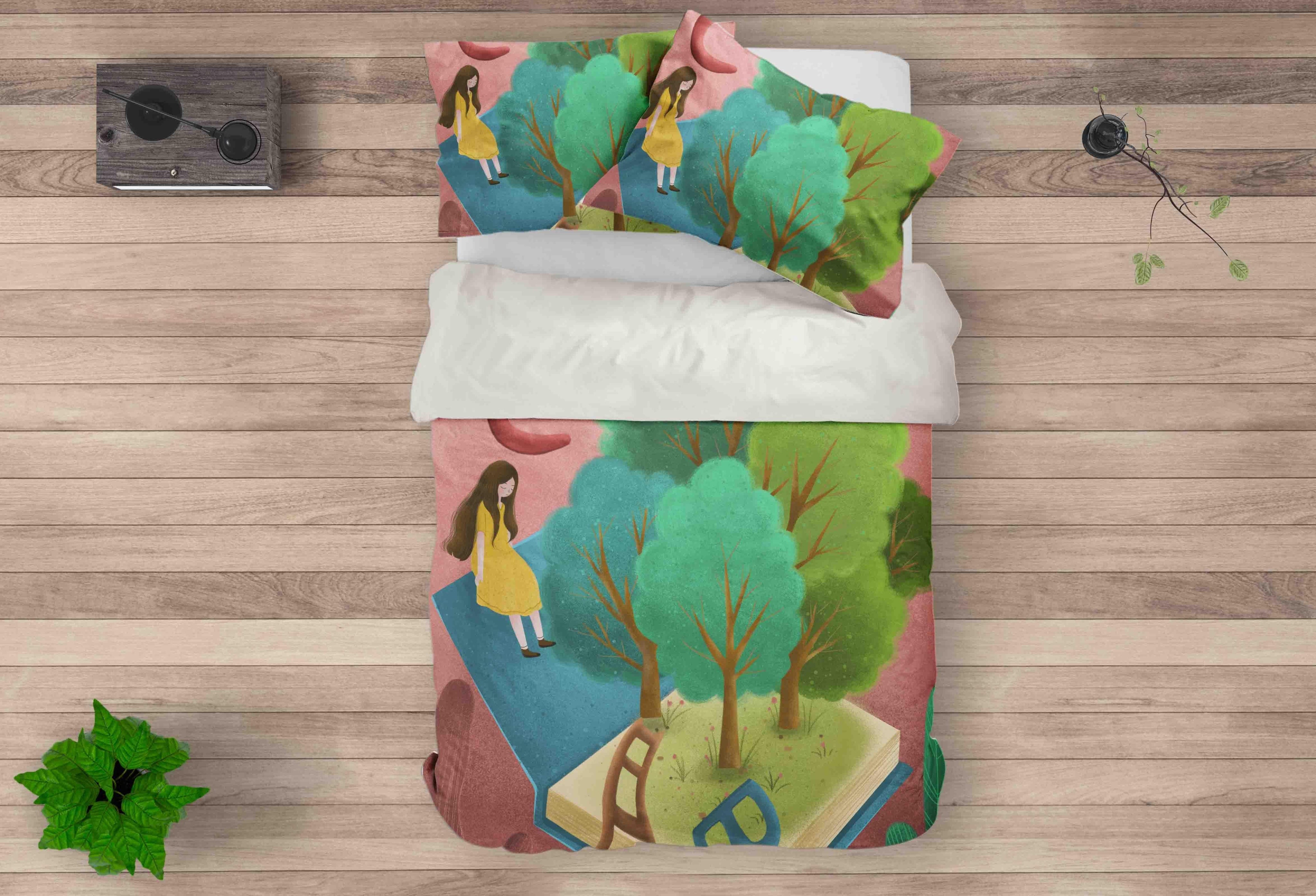 3D Cartoon Tree Book Girl Quilt Cover Set Bedding Set Pillowcases 33- Jess Art Decoration