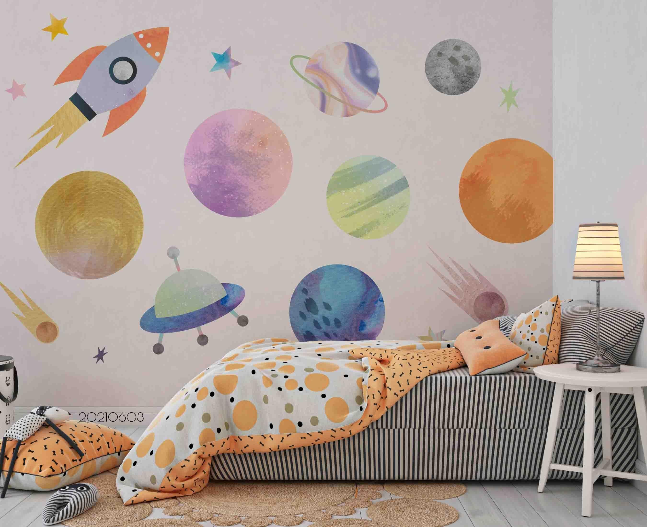 3D Watercolor Galaxy Planet Spaceship Wall Mural Wallpaper SWW568- Jess Art Decoration