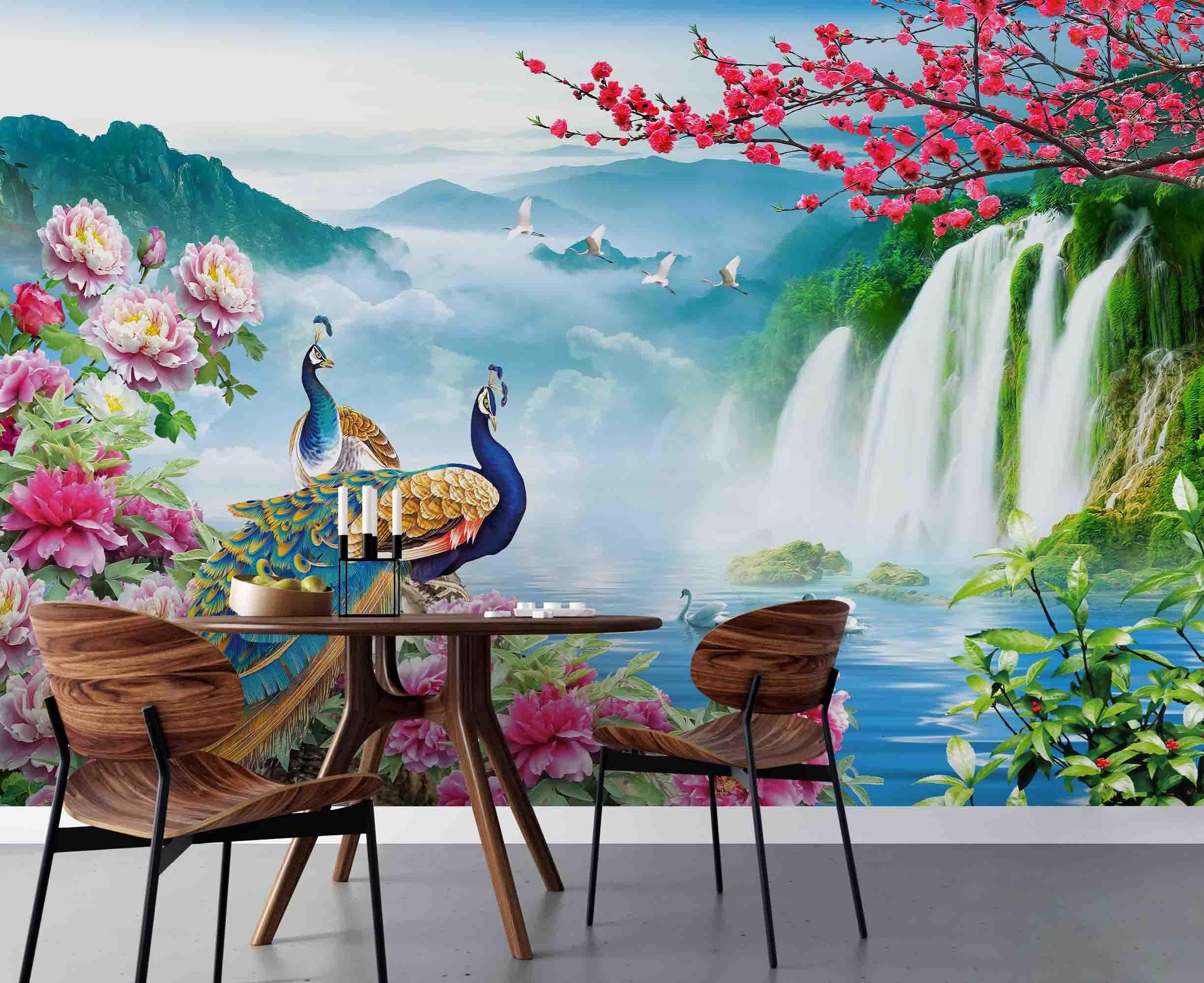 3D Riches Honour Peacock Flowers Wall Mural Wallpaper 73- Jess Art Decoration