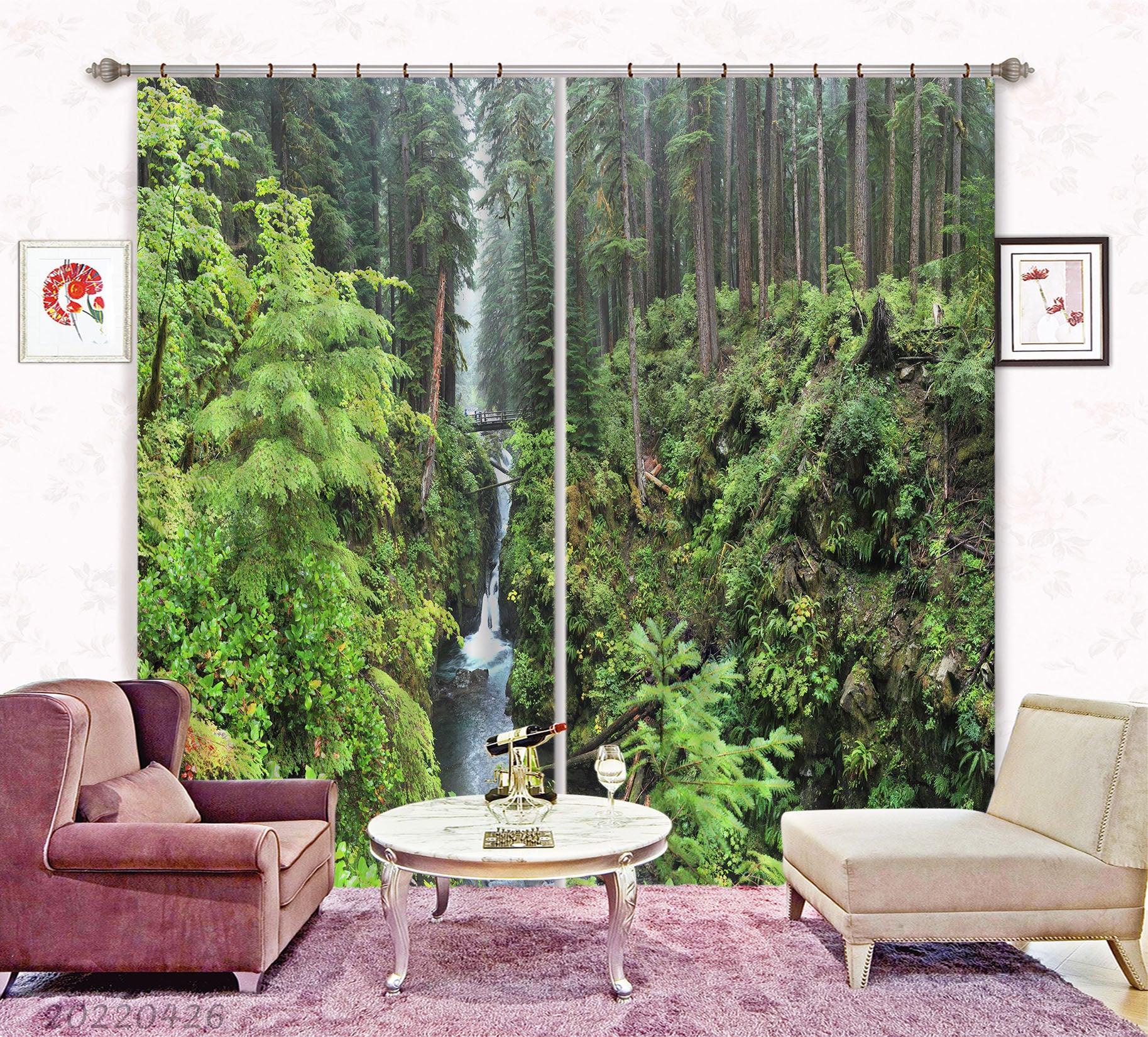 3D Landscape Mountain Forest Waterfall River Bridge Curtains and Drapes GD 4933- Jess Art Decoration