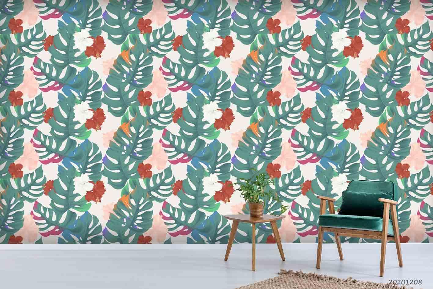 3D Hand Drawn Red Floral Green Palm Leaves Plant Pattern Wall Mural Wallpaper LXL- Jess Art Decoration