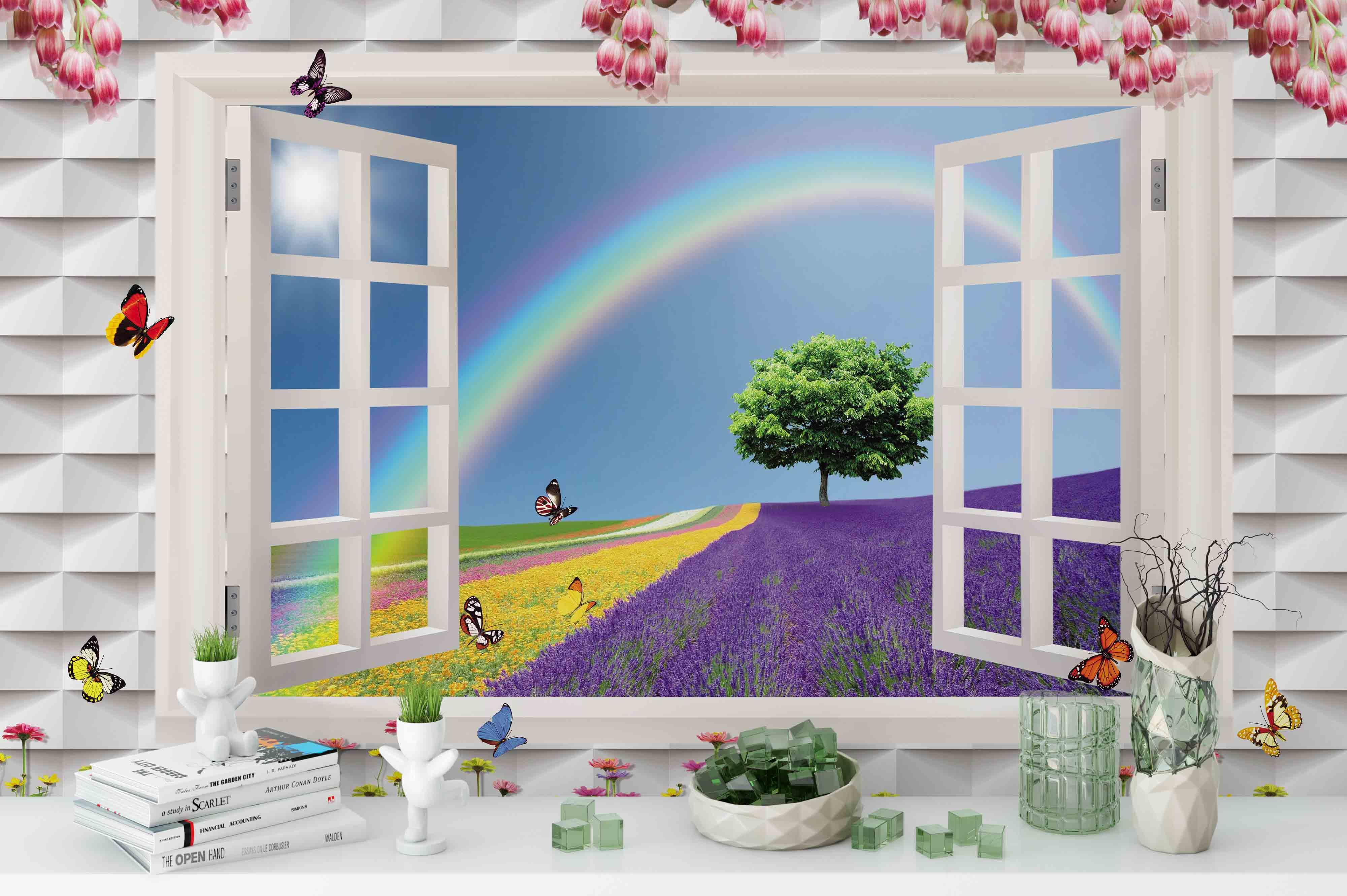 3D Window Ranbow Tree Sky Wall Mural Wallpaper 17- Jess Art Decoration
