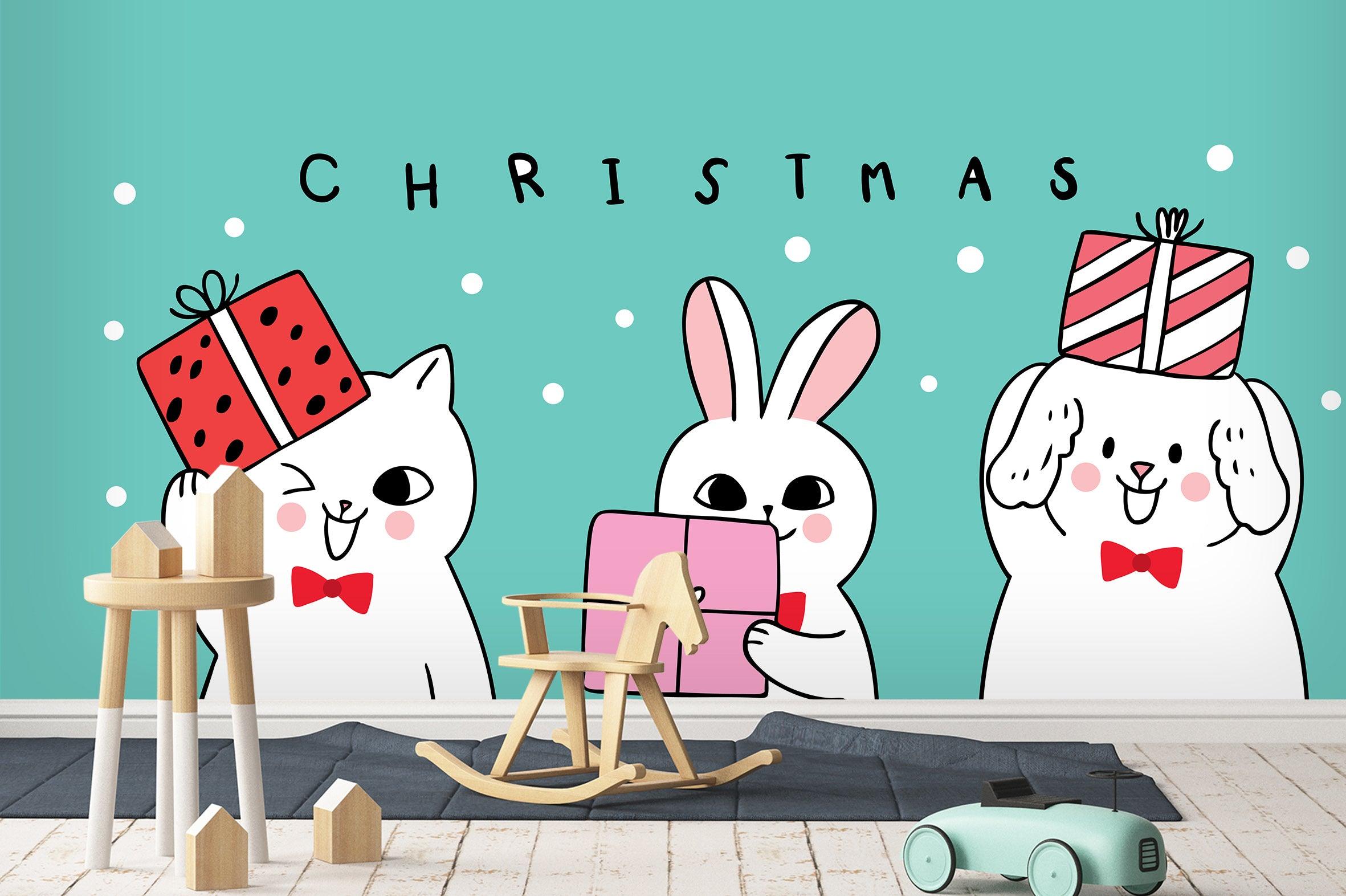 3D Cartoon Christmas Animals Wall Mural Wallpaper 05- Jess Art Decoration