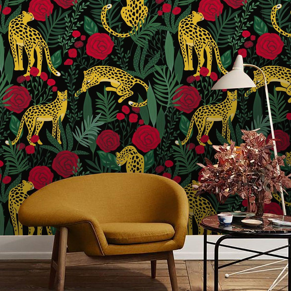 3D Leopard Red Flowers Green leaves Wall Mural Wallpaper 60- Jess Art Decoration