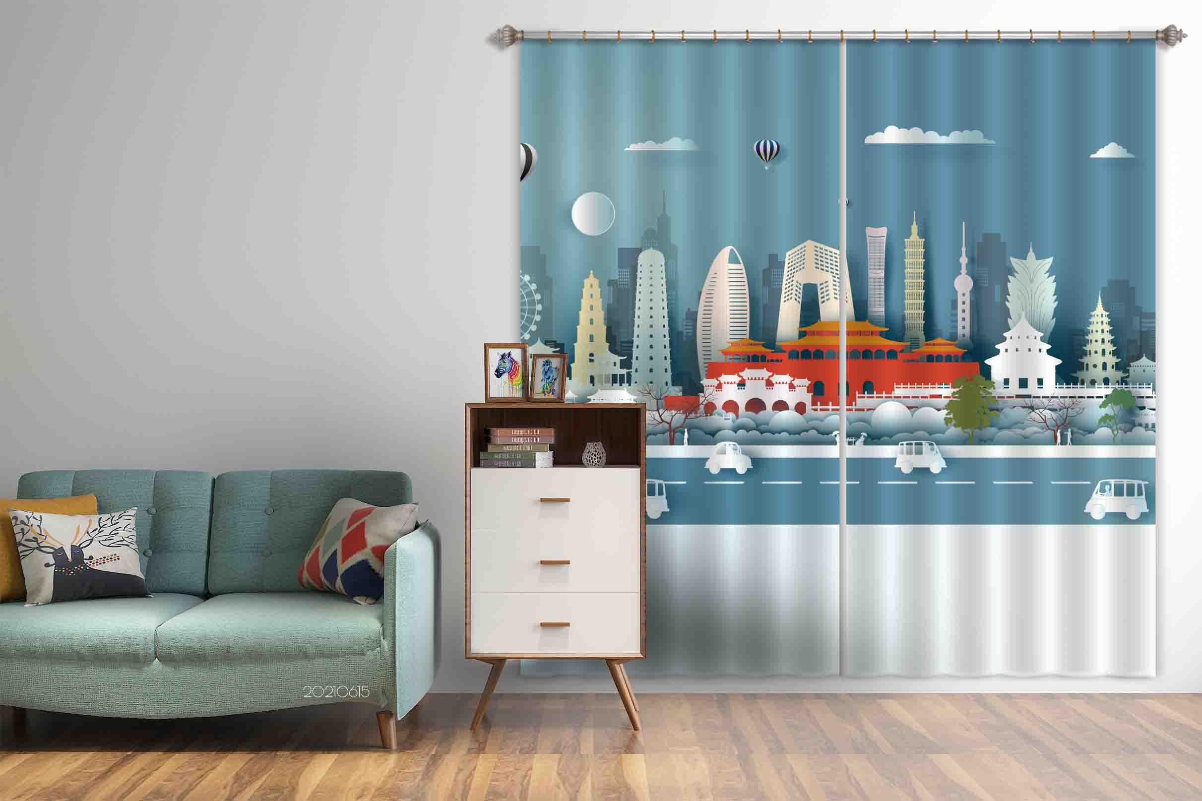 3D Abstract Building Temple Road Car Hot Air Balloon Curtains and Drapes LLL 435- Jess Art Decoration