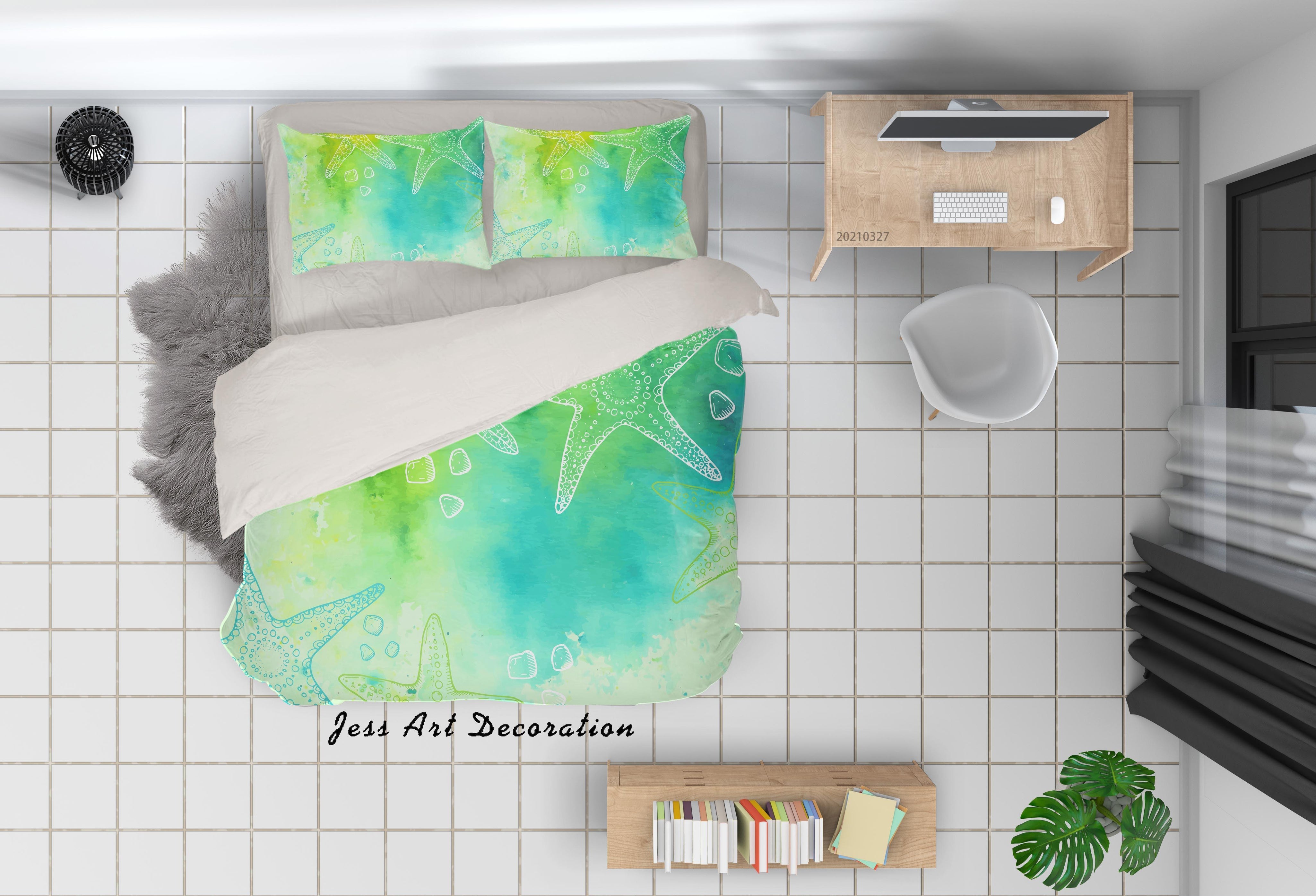 3D Watercolor Green Starfish Quilt Cover Set Bedding Set Duvet Cover Pillowcases 314- Jess Art Decoration
