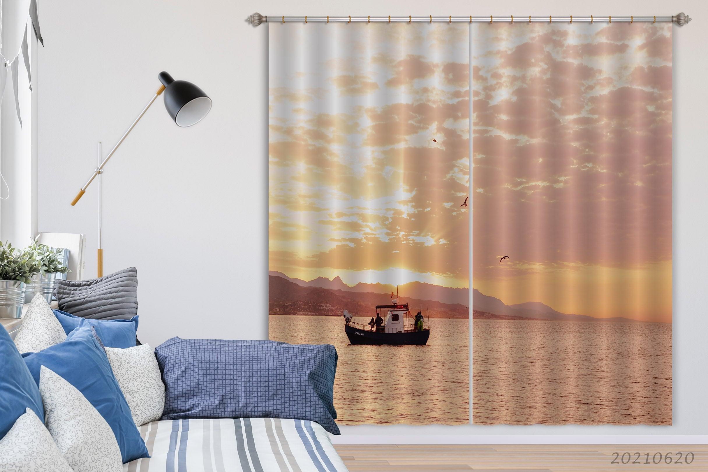 3D River Boat Mountain Golden Sky Cloud View Curtains and Drapes GD 892- Jess Art Decoration