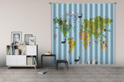 3D Blue World Map Kids Curtains and Drapes LQH 173- Jess Art Decoration
