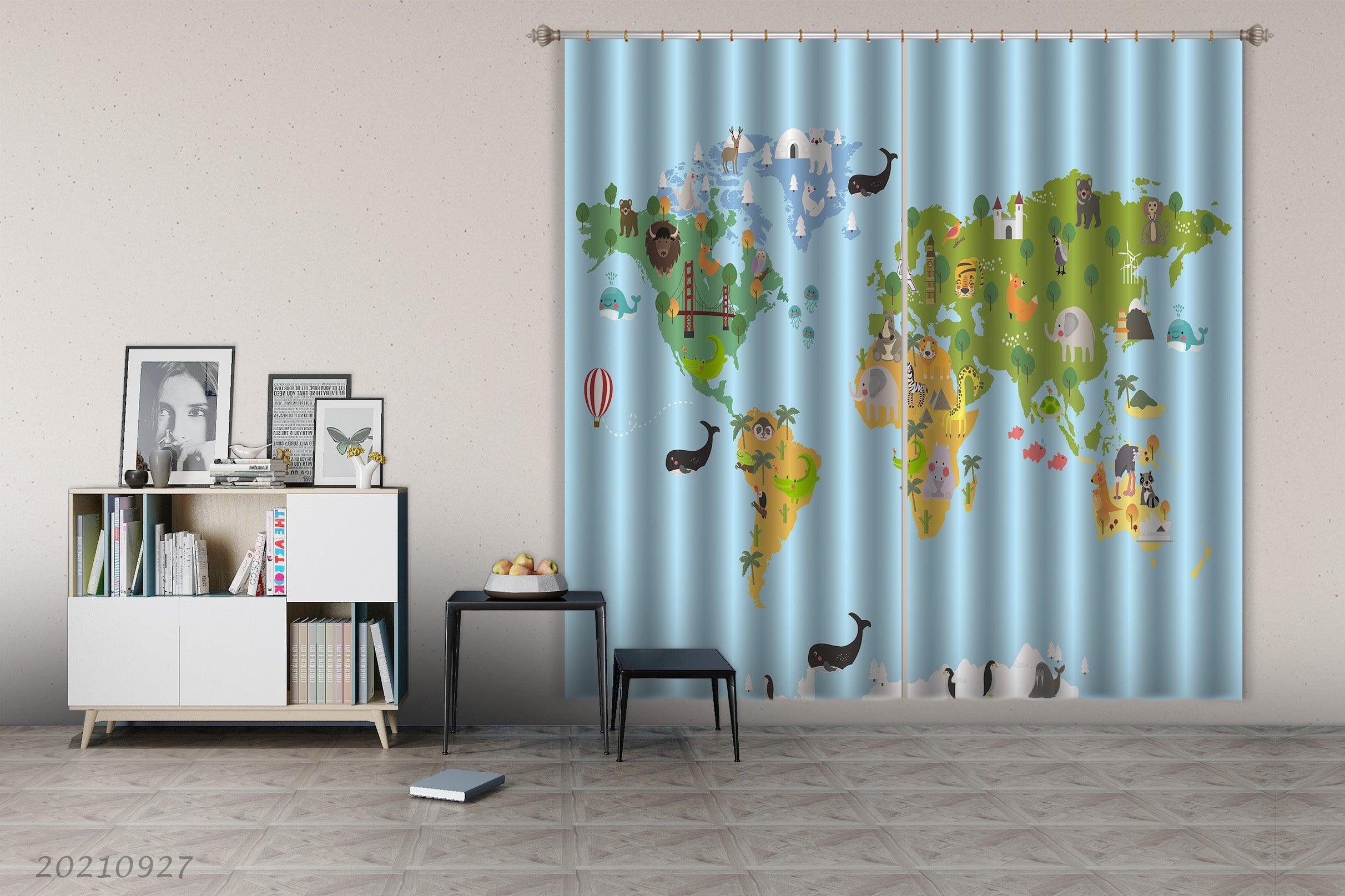 3D Blue World Map Kids Curtains and Drapes LQH 173- Jess Art Decoration