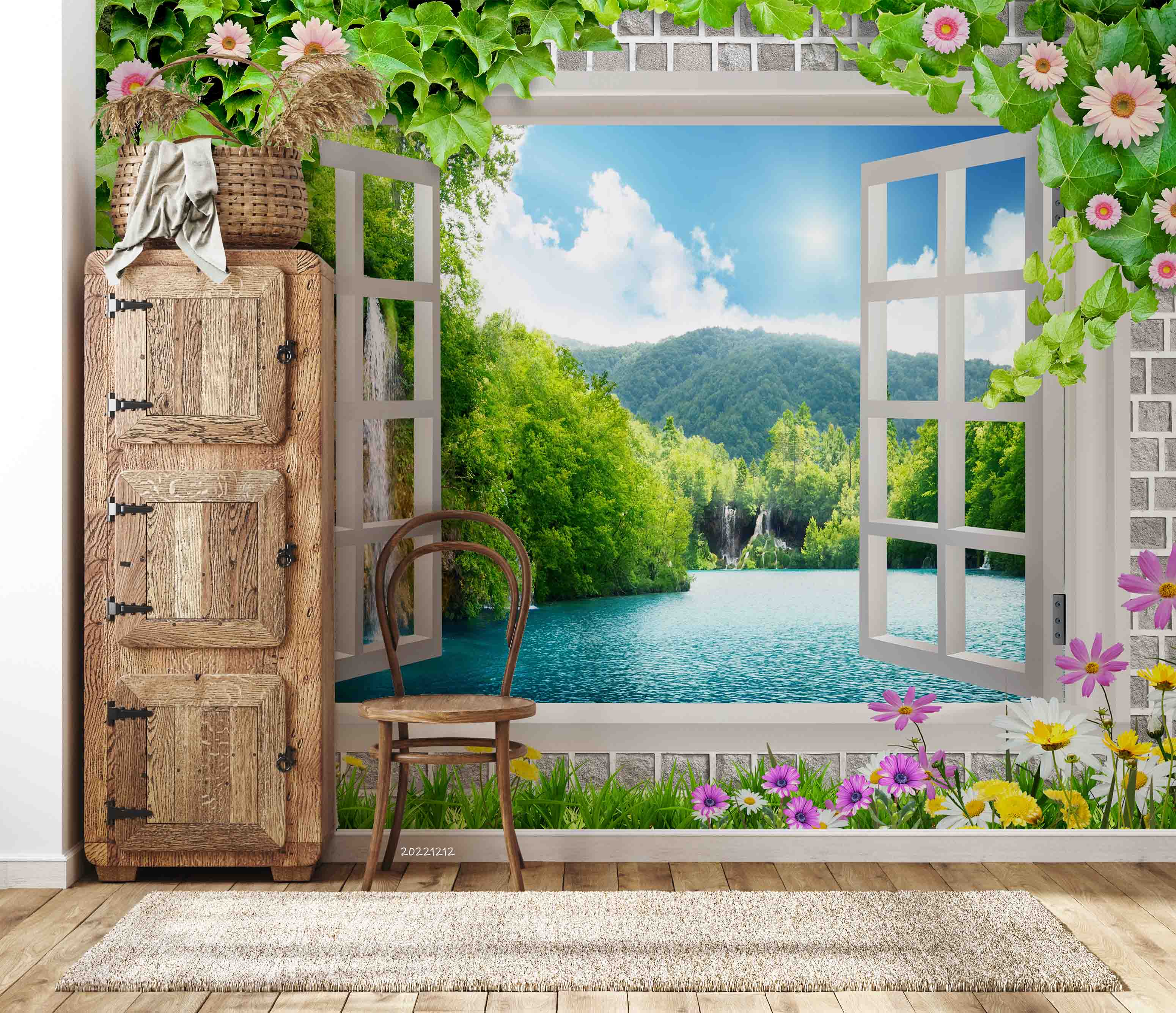 3D Window Landscape Lake Mountain Forest Wall Mural Wallpaper GD 1781- Jess Art Decoration